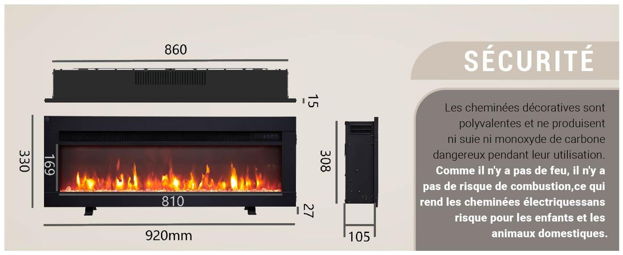 Cheminée électrique encastrable BALDERIA Agnes 36 – Puissance de chauffage jusqu'à 1 800 W, noire