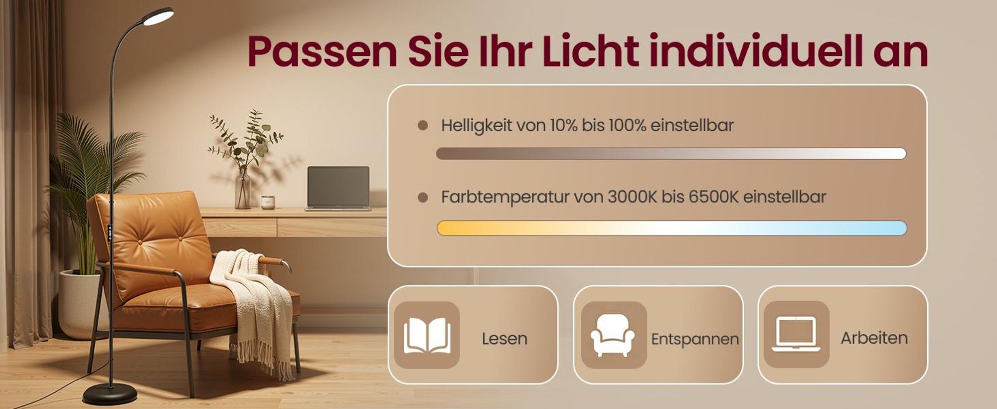VASAGLE Stehlampe LED Dimmbar Leselampe 360° Drehbar für Wohnzimmer 22 x 22 x 170 cm Schwarz