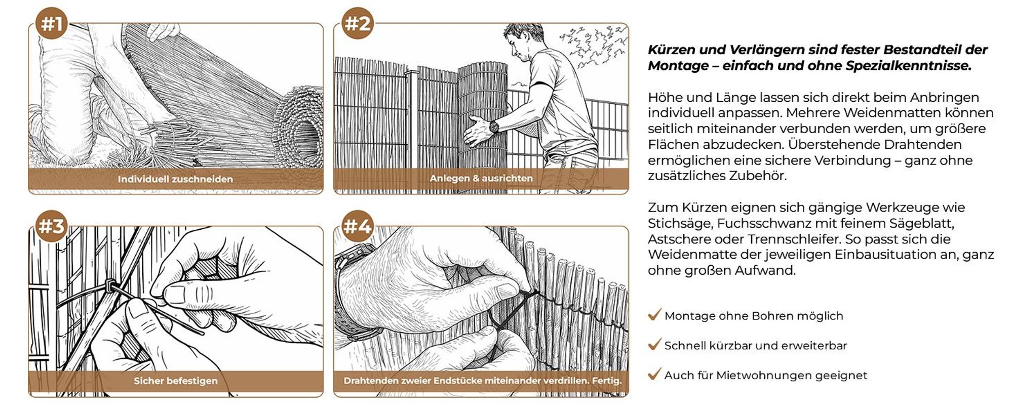 BOOGARDI Weidenmatte in 20 Größen · 80x500cm · Sichtschutzmatte Weide Balkonverkleidung Gartenzaun Sichtschutz Garten Balkon Sichtschutzzaun Holz