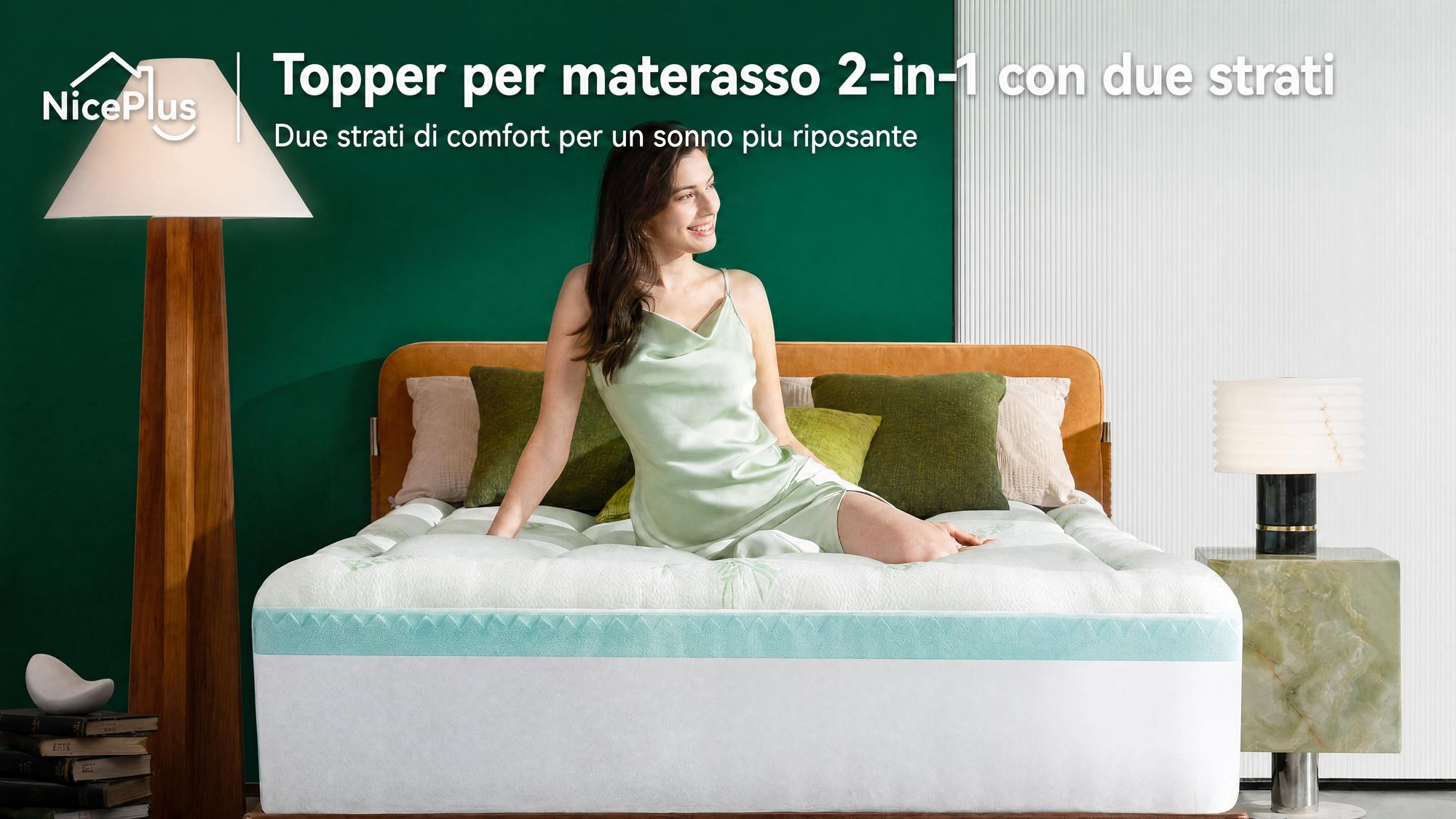 NicePlus, materasso topper 2-in-1, 90x200X7cm, con imbottitura in memory foam a 5 zone e strato superiore in bambù, dotato di angoli elasticizzati per adattarsi a tutti i tipi di materasso, livello di comfort H2/H3, colore verde