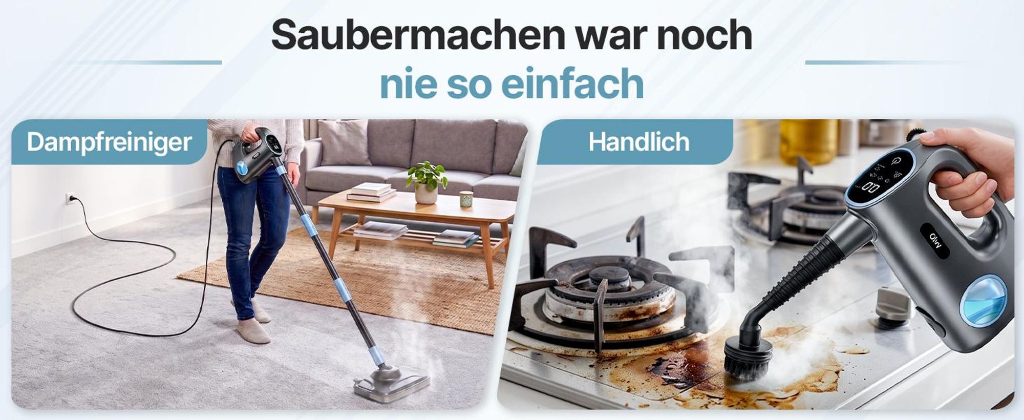 Olvy 14-in-1 Dampfreiniger mit Wischfunktion und Touchscreen – 125 °C Dampf – Handdampfreiniger für Teppiche, Sofas & Hartböden – 5 m Kabel