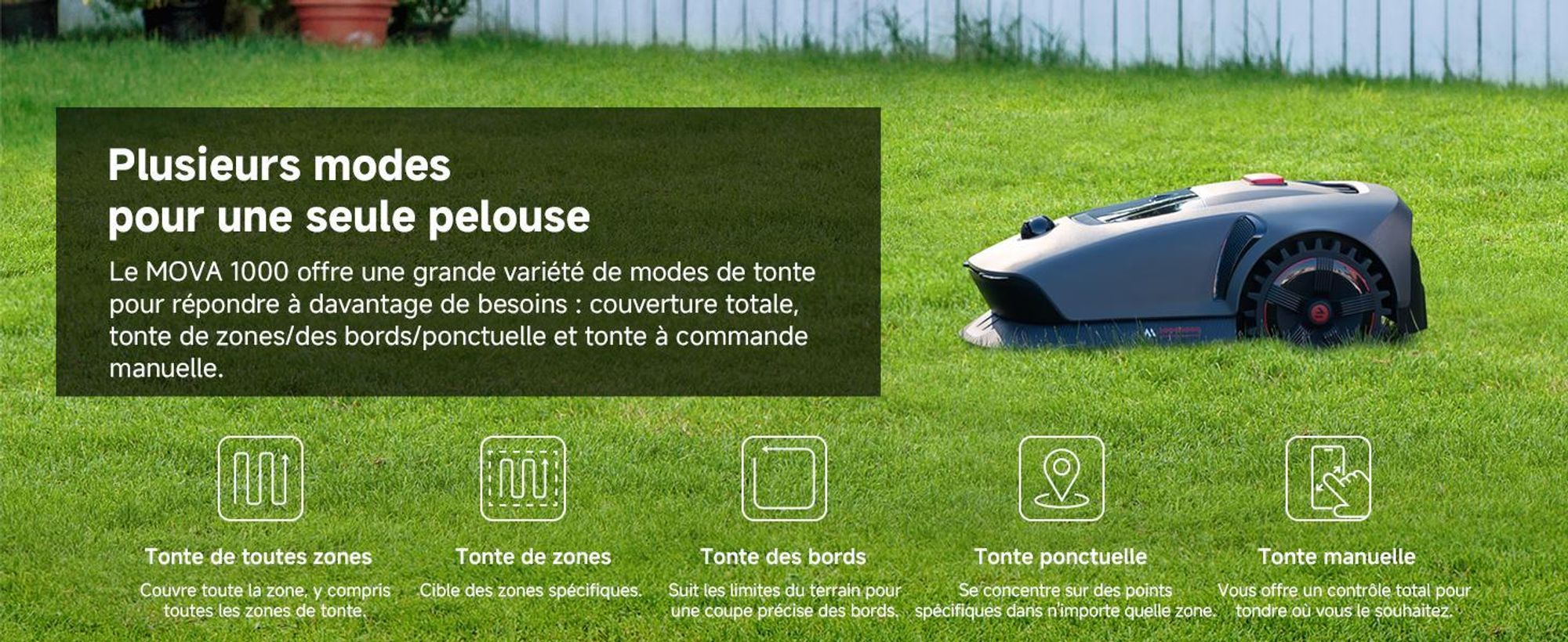MOVA 1000 Robot Tondeuse 3D-LiDAR jusqu'à 1000 m², installation sans fil, évitement intelligent, App contrôle, roues tout-terrain, coupe en U