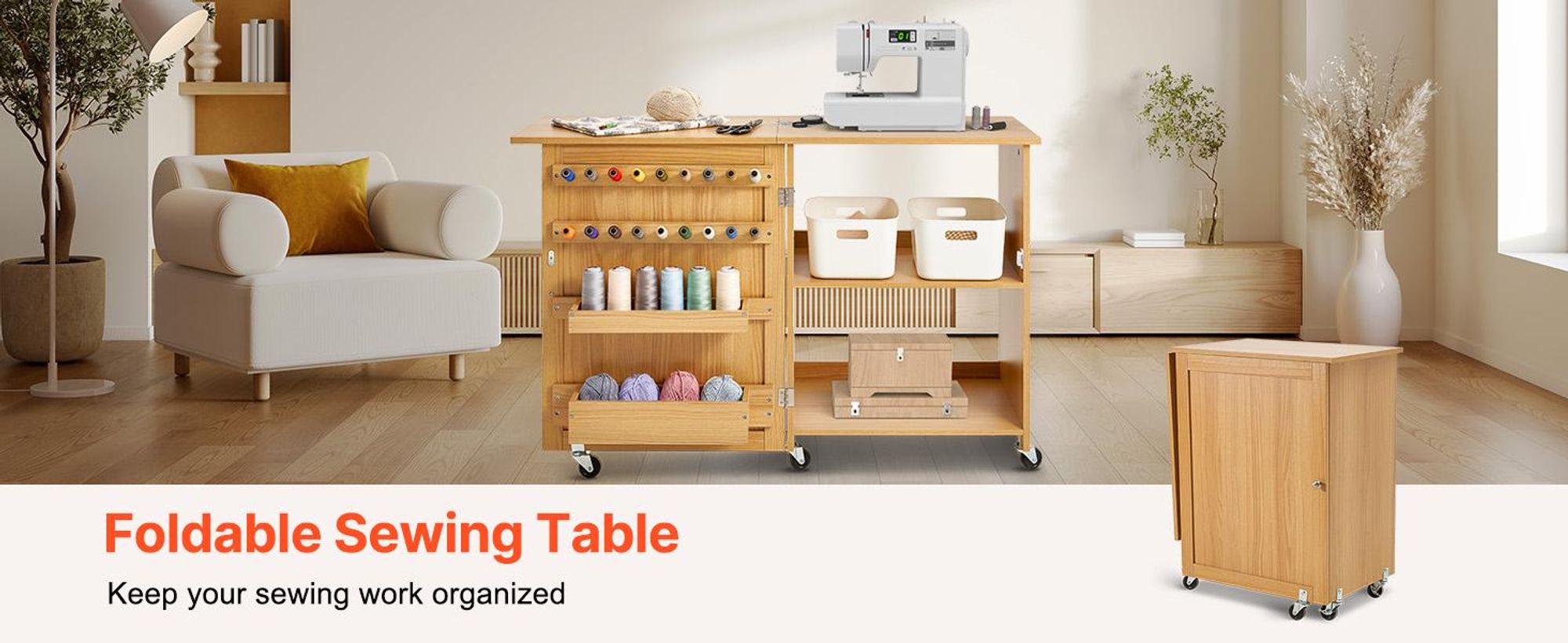 VEVOR klappbarer Nähtisch Mehrzweck Nähmaschinentisch mit Rädern & Regalen & Ablagefächern & Holzstiften & magnetischen Türen, Nähmaschine Holzfarbe faltbar (1170 x 400 x 778 mm)