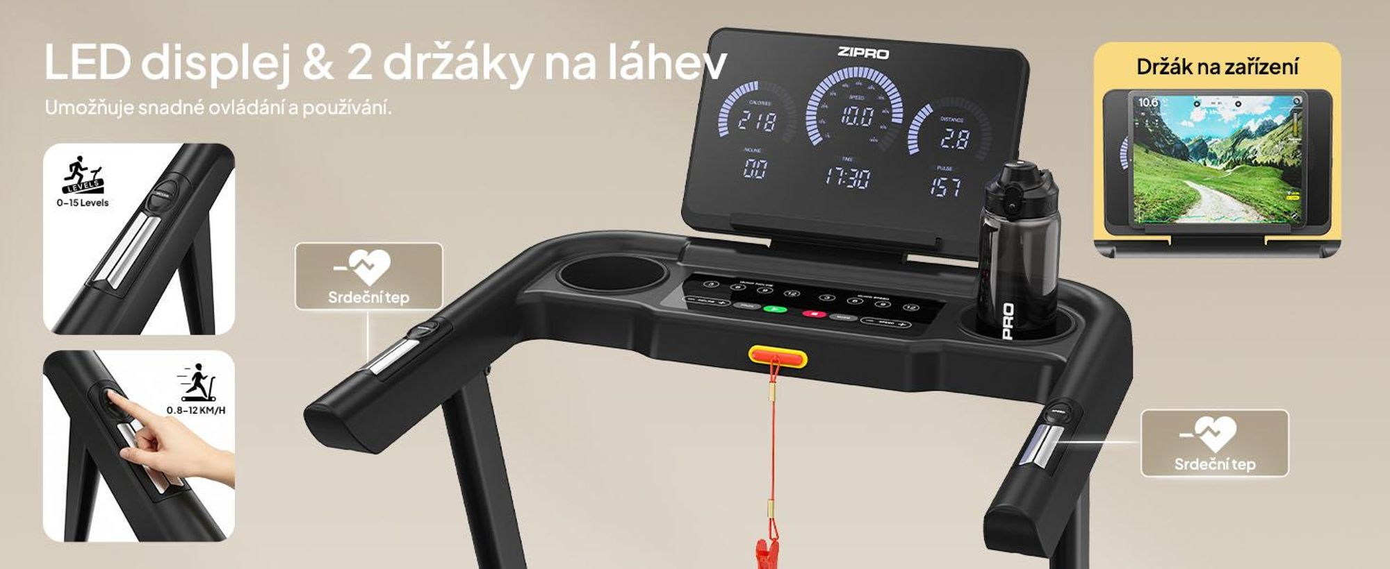 ZIPRO Luma Sklopný běžecký pás se sklonem – elektrický běžecký pás pro domácí použití 12 km/h Domácí trenažér Fitness zařízení Kinomap App Bluetooth