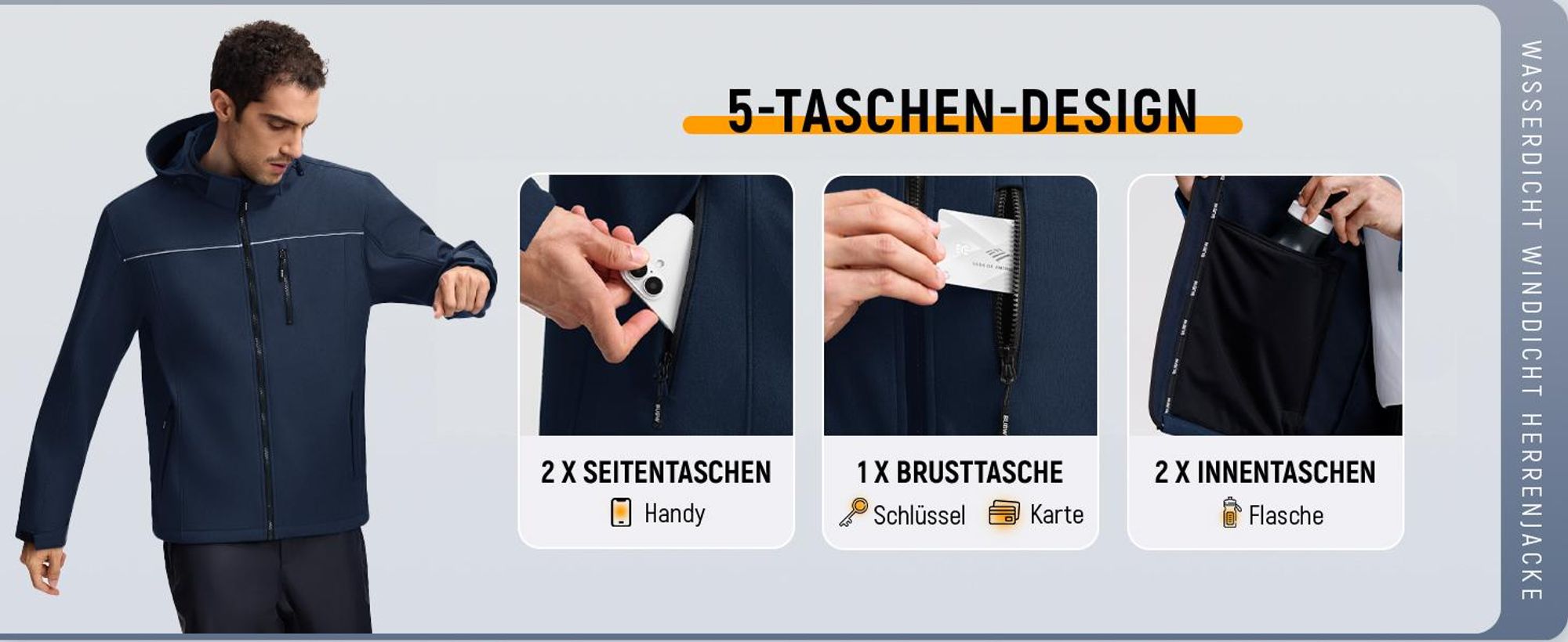 BUBW – Herren Softshell Jacke mit abnehmbarer Kapuze – wasserdicht & winddicht – elastisch & warm – mit Kationengewebe – für Outdoor Aktivitäten