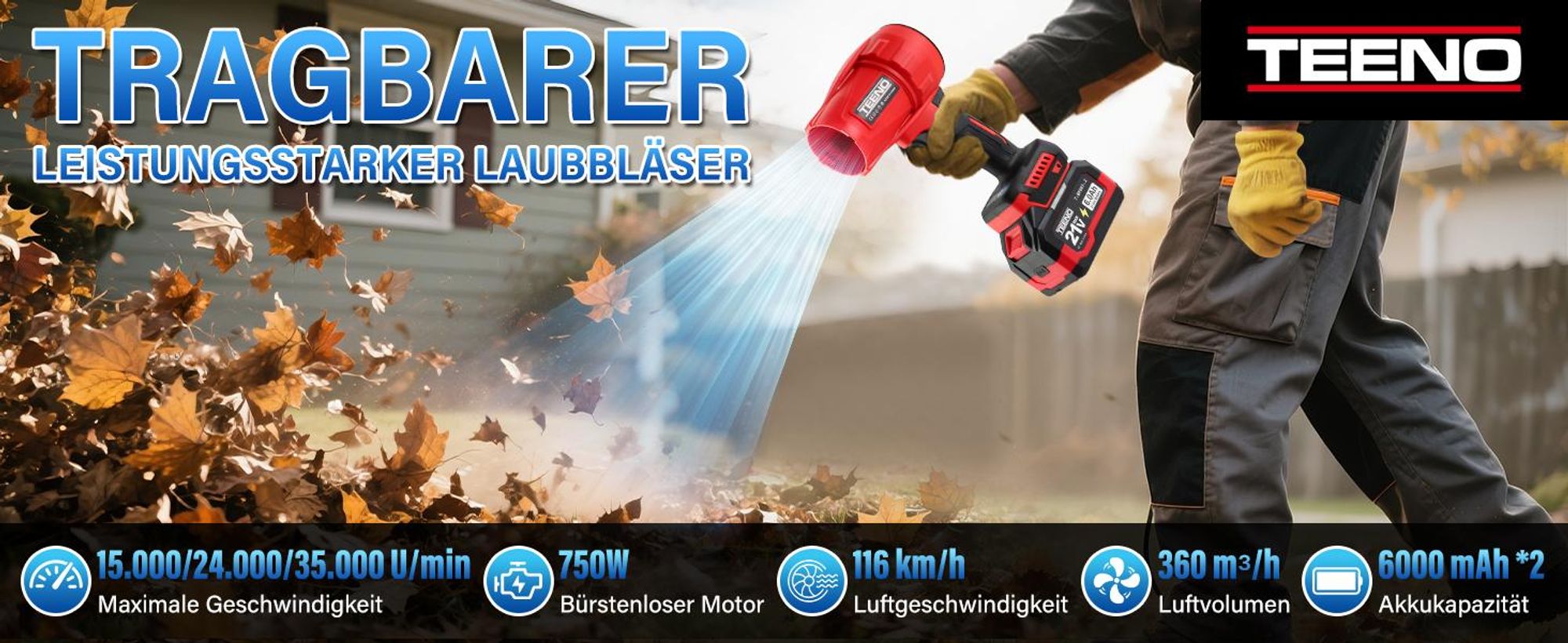TEENO - Kabelloser Laubbläser 21V – 3 Geschwindigkeiten Max 35000 U/Min, Leicht, Kompakt, 3 Düsen Enthalten, 2x6,0Ah Akkus - Ladegerät