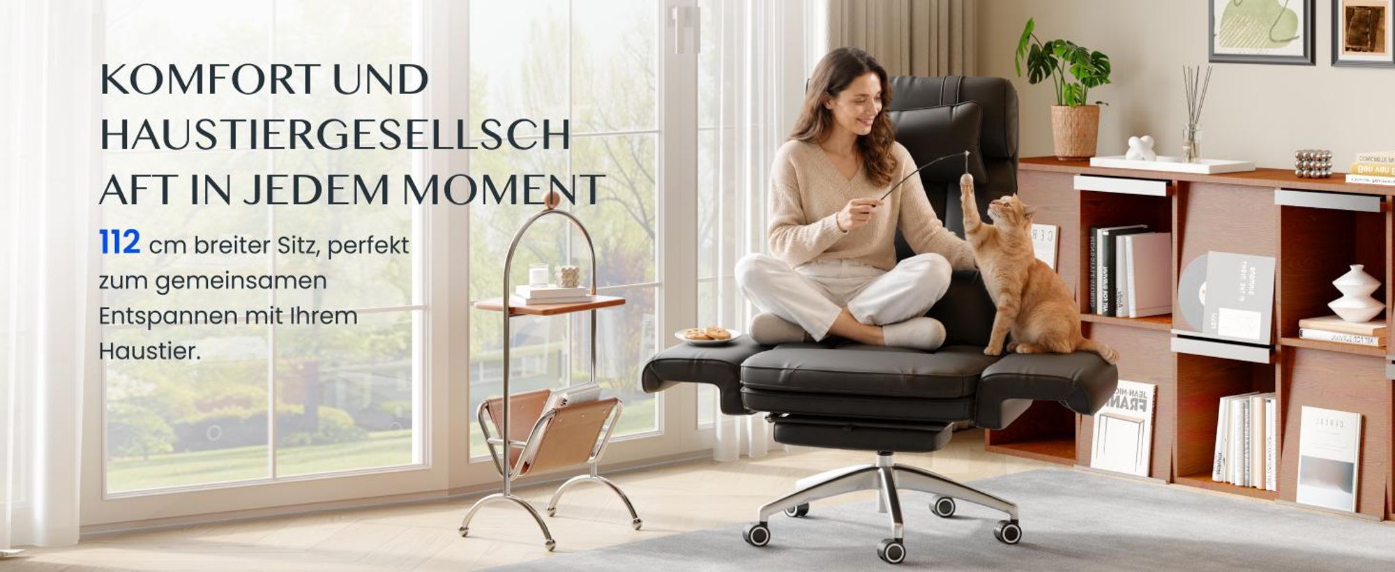 FLEXISPOT Ergonomischer Bürostuhl, 180° klappbare Armlehnen, aus kratzfestem Kunstleder, höhenverstellbare Kopfstütze, 90–130° verstellbar, Schwarz