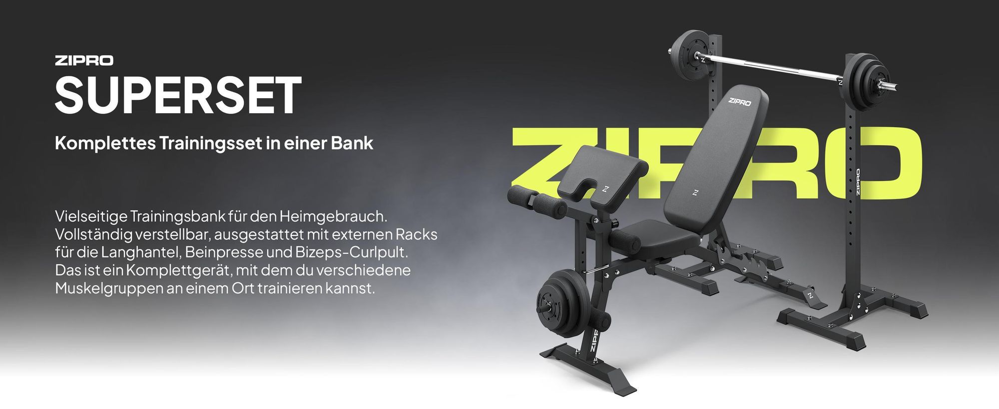 Zipro Hantelbank Set Superset – Mit Freistehendem Hantelständer Inkl. Curlpult & Beintrainer Verstellbare Schrägbank & Negativbank Bis 270kg Belastbar