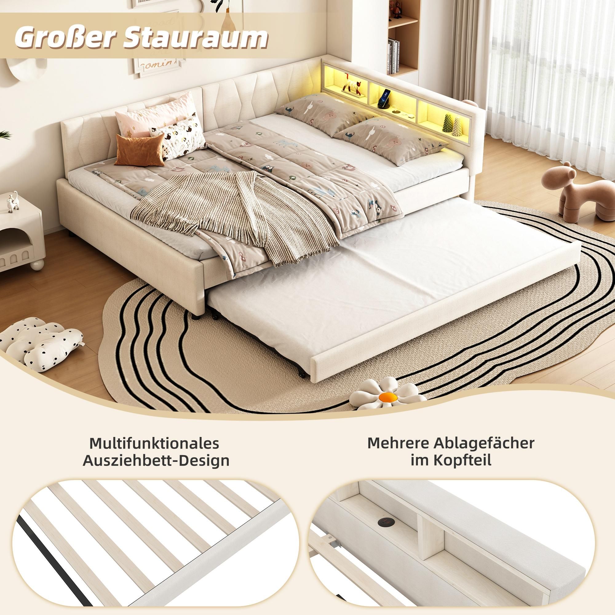 Merax Tagesbett Daybett 140x200 cm, mit Ausziehbett 90x190 cm, Gästebett mit LED, USB+Typ C, Schlafsofa, Leinen Polsterbett, Beige