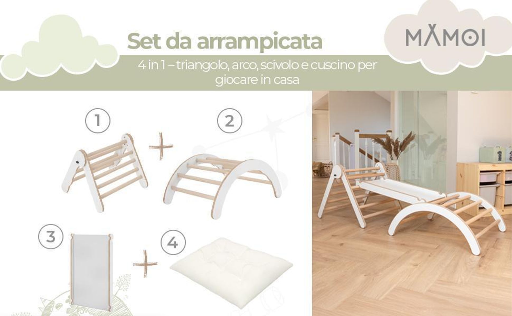 MAMOI® struttura per arrampicata triangolo interno 4 in 1 SET. Arco di arrampicata Montessori con tappetini, parco giochi indoor 1-3 anni e scivolo per bambini.