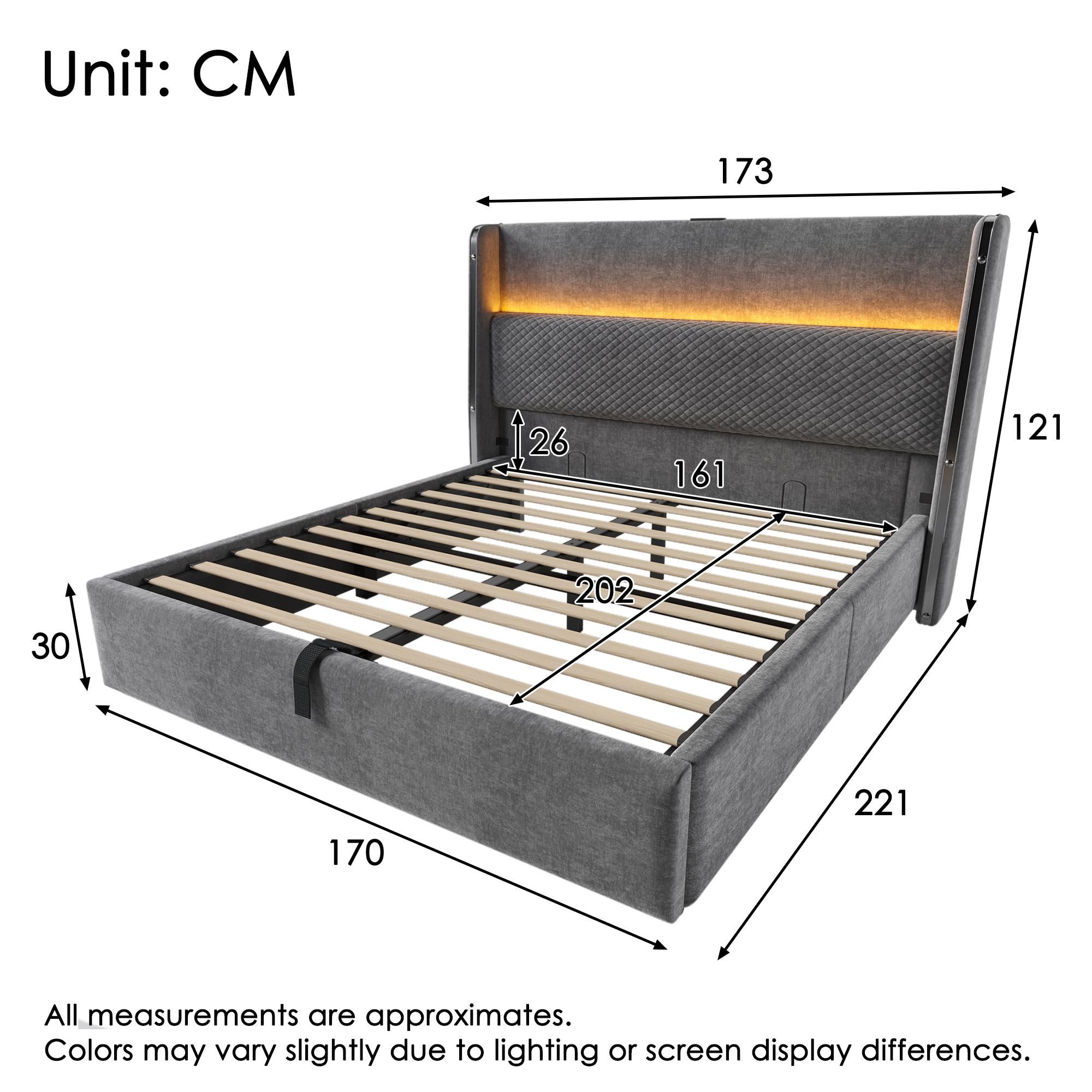 Flieks Hydraulisches Polsterbett 160x200cm mit USB/Type-C-Anschlüssen, Stauraumbett Doppelbett Jugendbett mit Led, Leinen, Grau