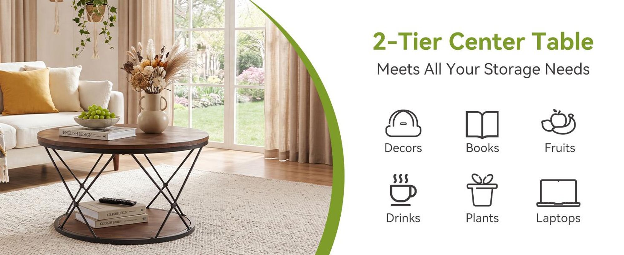 Tribesigns Runder Couchtisch 80 cm, Industrial Massivholz Kaffeetisch mit unterem Regal, platzsparend für Wohnzimmer, Rustikales Braun + Schwarz