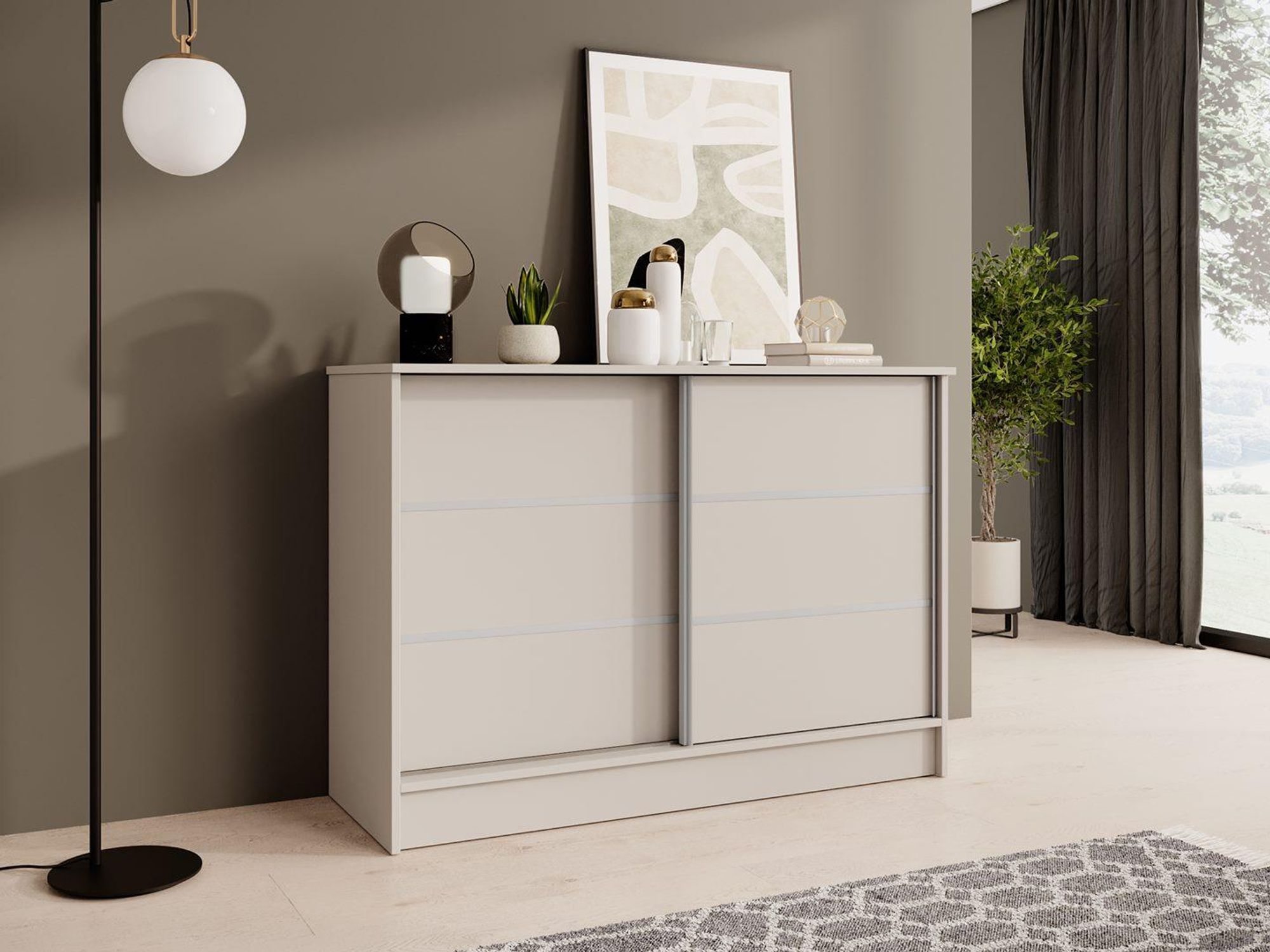 BEAUTYSOFA Komoda MIRELA 120 cm, barva kašmír/kašmír, příborník se 2 posuvnými dvířky, vysoký příborník s ozdobnými lištami, moderní příborník, spousta úložného prostoru
