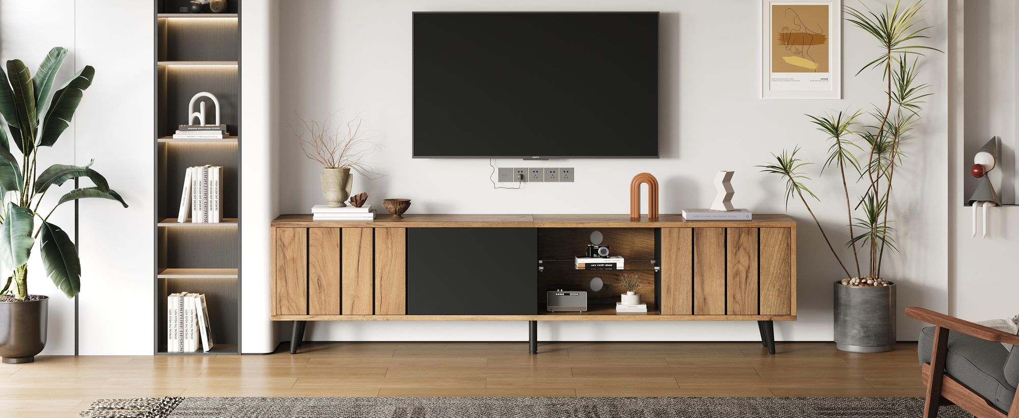 TV-Lowboard in Holzoptik mit 3 Schränken für Fernseher bis 75 Zoll