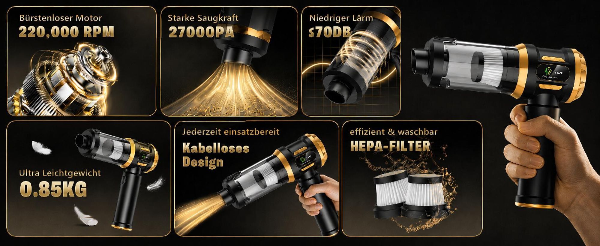 Handstaubsauger, 27000Pa/120W Akku staubsauger,mit Bürstenloser Motor, Beutelloser Mini Auto Kabellos Staubsauger für Auto, Büro Genutzt, Haus, Küche