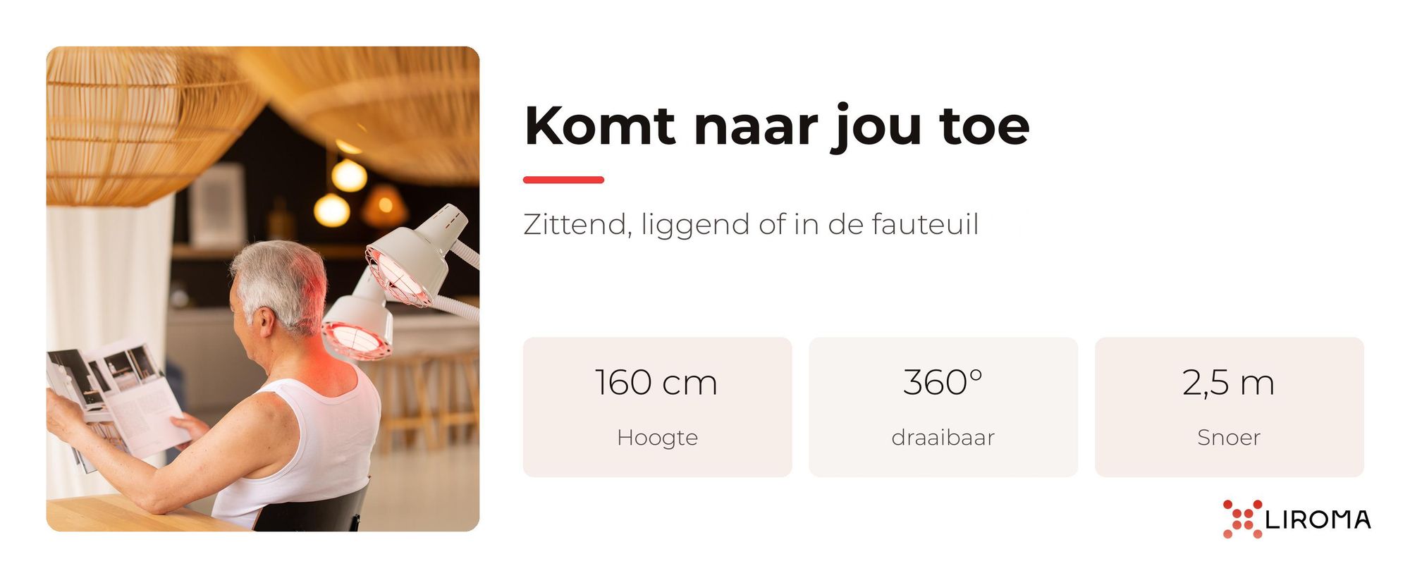 Man leest in de fauteuil onder de LIROMA infraroodlamp, 160 cm hoog, 360° draaibaar
