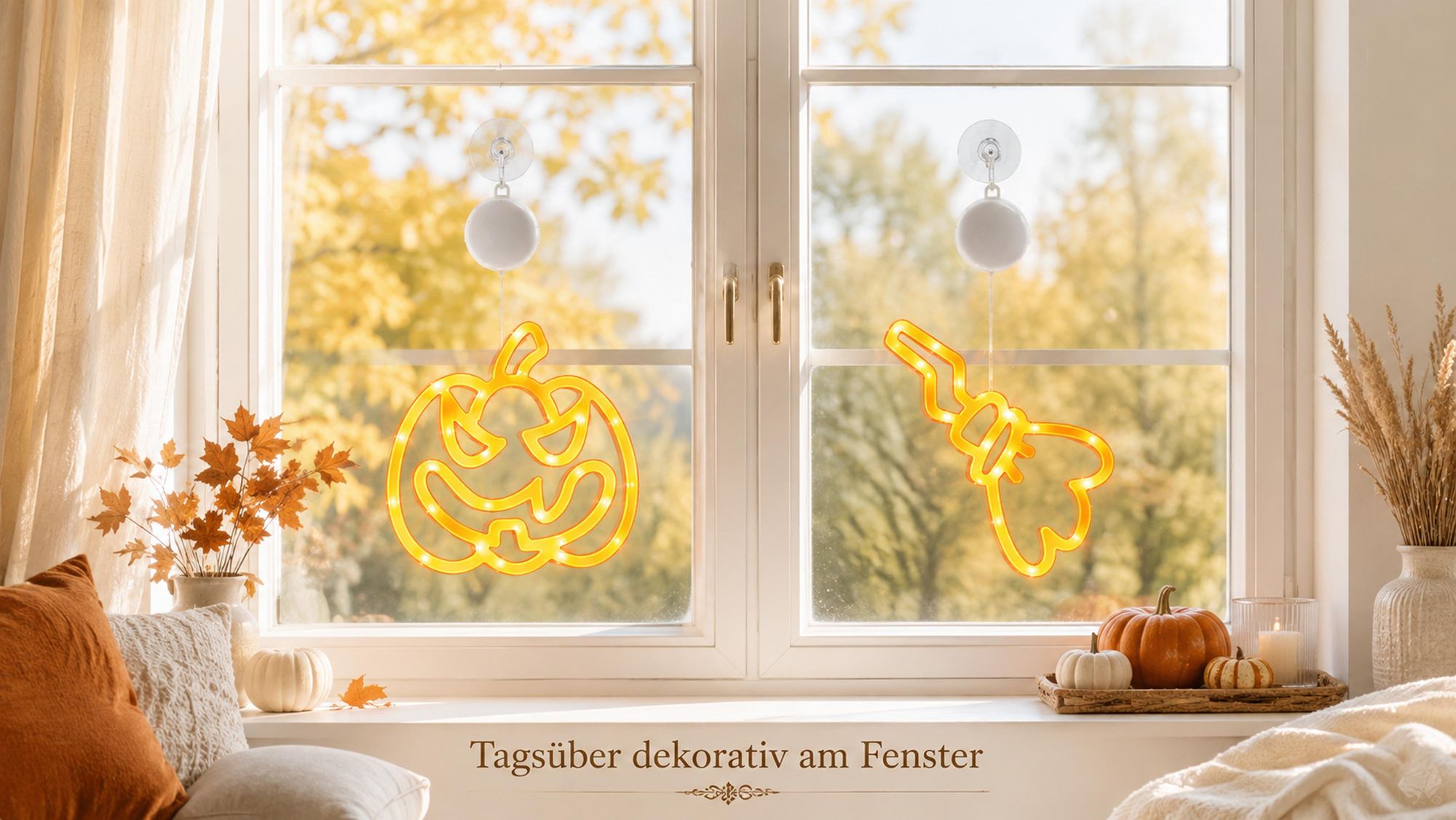Halloween Deko Fensterlichter 2er Pack mit Kürbis Besen LED