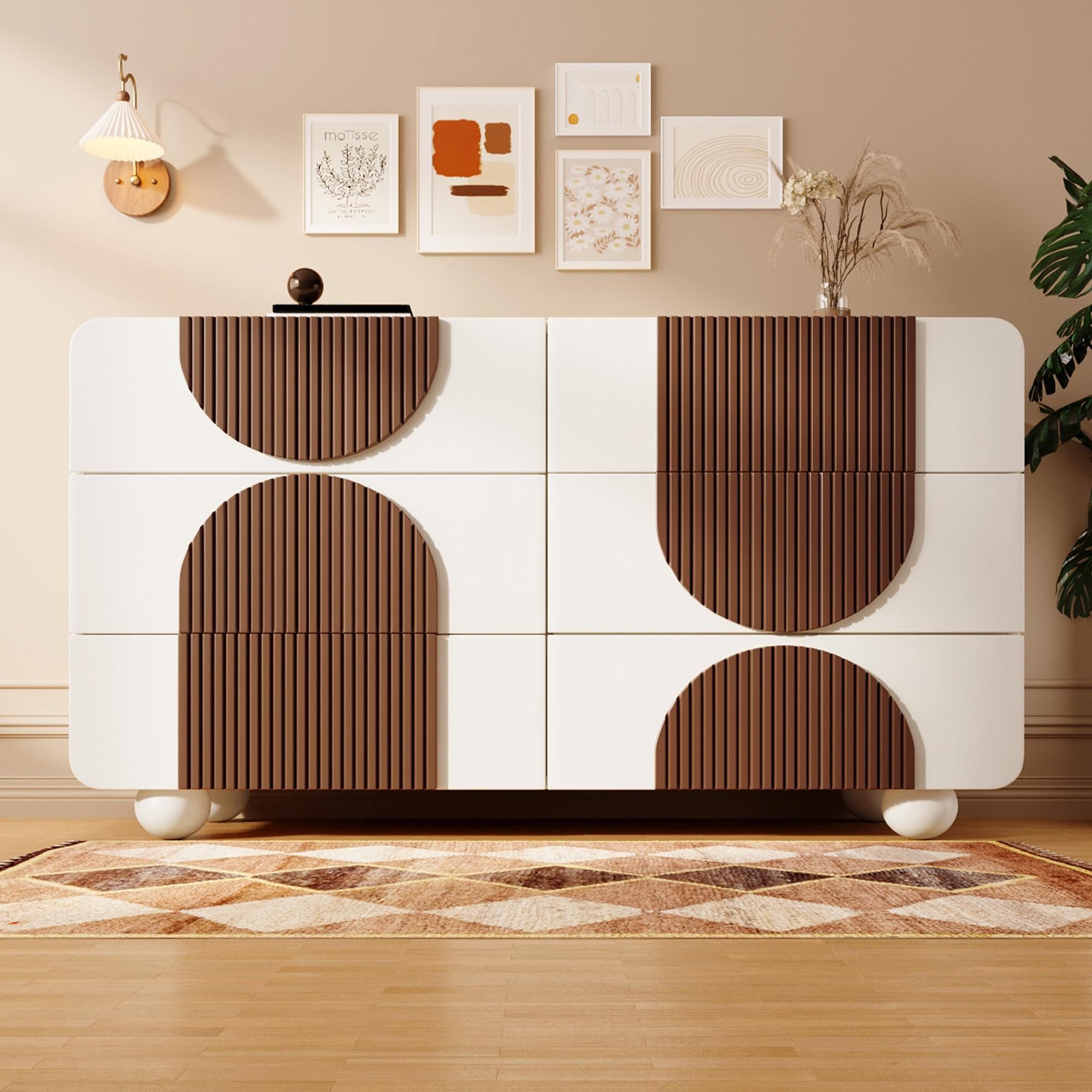 Flieks Kommode Sideboard mit 6 Schubladen, Wohnzimmerschrank Anrichte mit Kippsicherung, Anrichte Beistellschrank 121x41x71 cm, Weiß