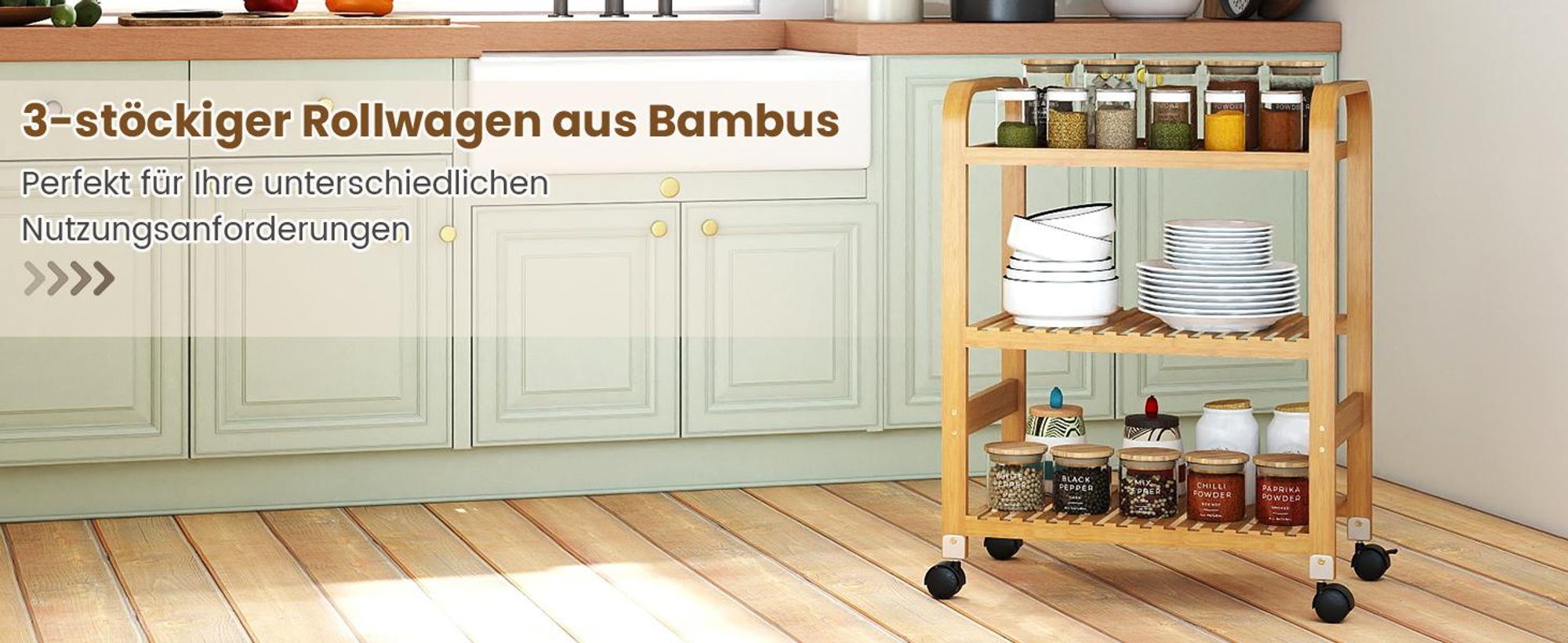 COSTWAY Servierwagen mit 3 Ablagen, Griffen & abnehmbarem Rollen, Küchenwagen Bambus auf Rädern, Mobiler Allzweckwagen Rollwagen Lagerregal für Küche, Flur & Bad, 58 x 33 x 76 cm