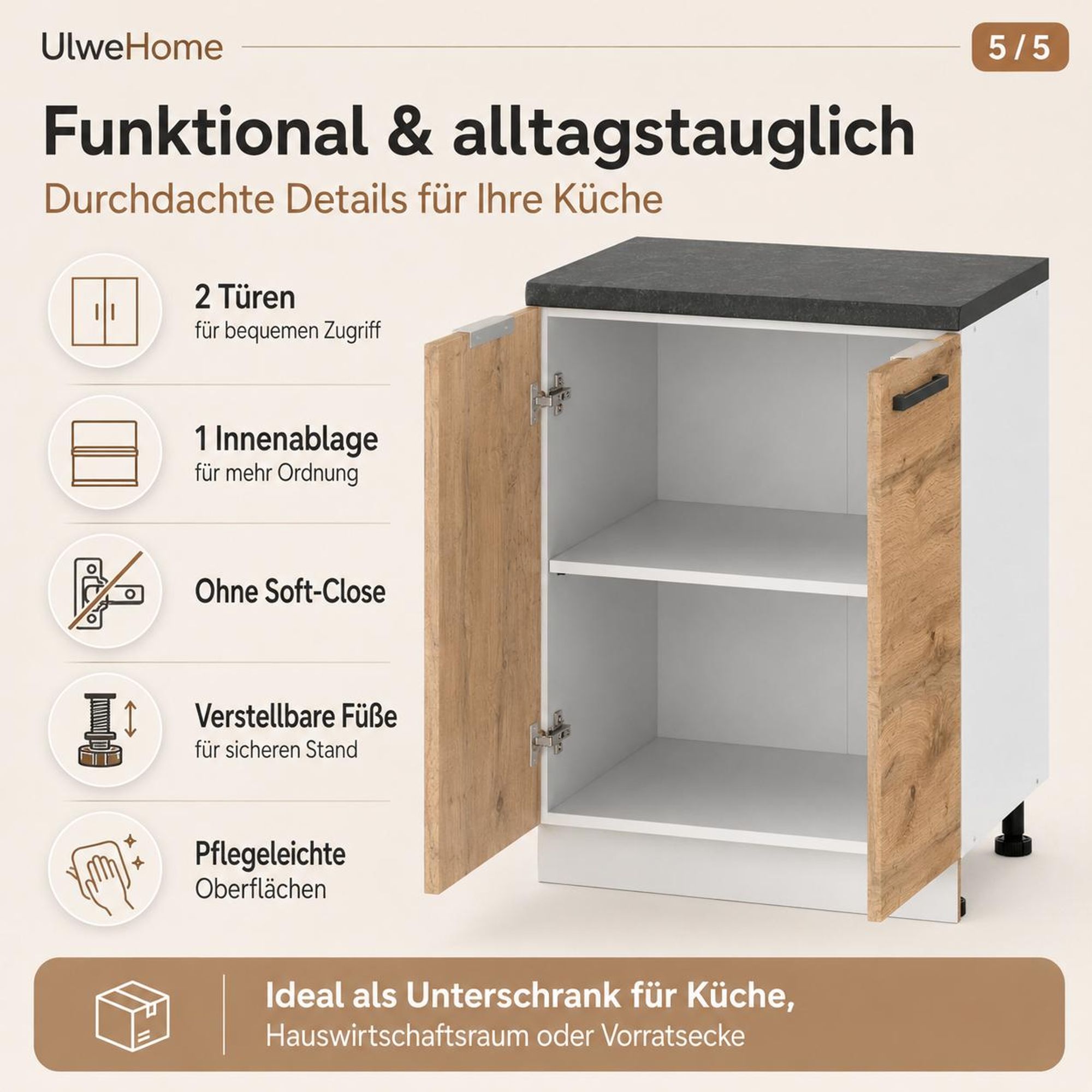UlweHome Küchenunterschrank Eiche Wotan: Funktionale Details für Küche & Vorratsecke.