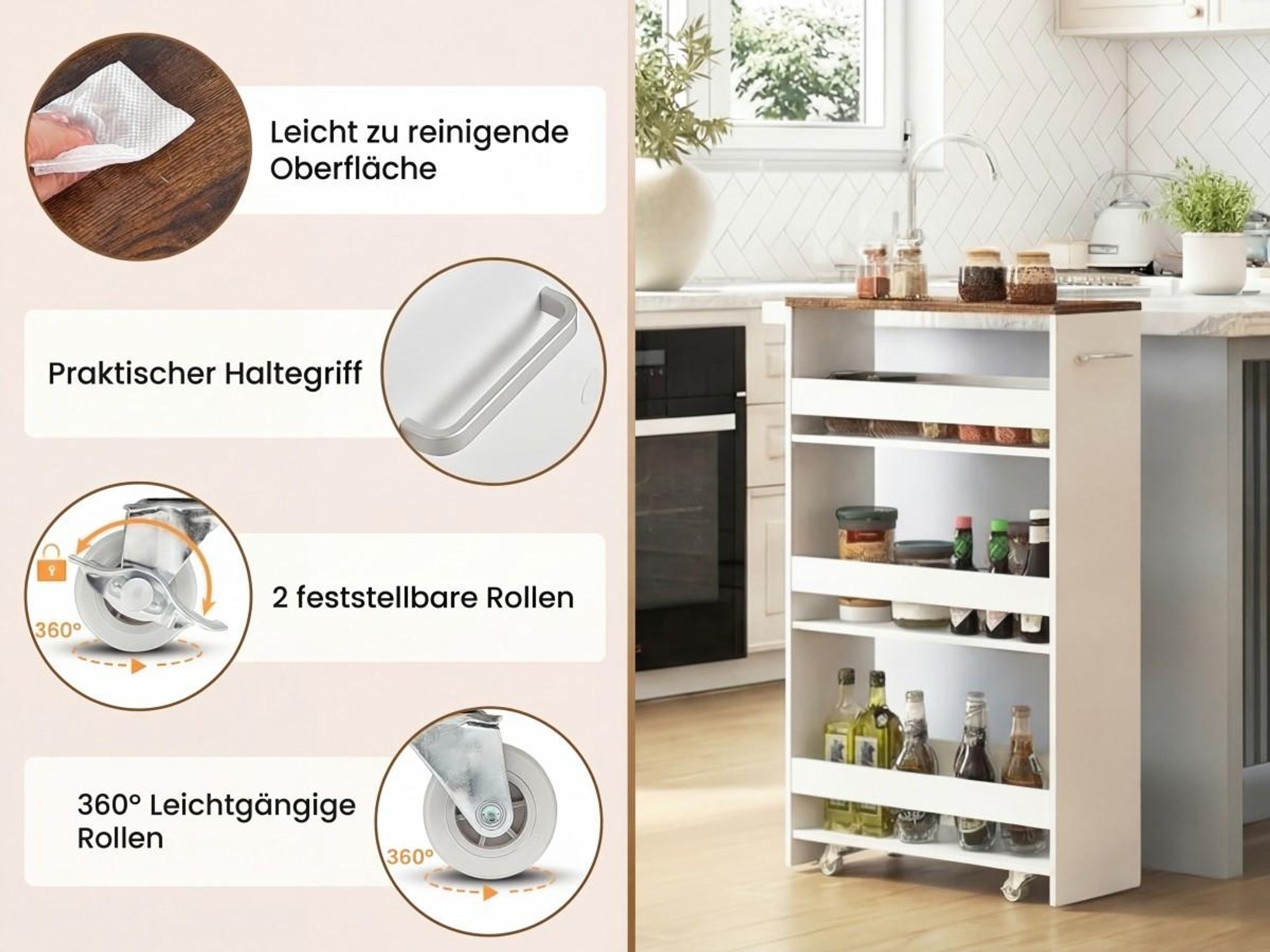 COSTWAY Nischenwagen, 4 Etagen Küchenwagen schmal, Nischenregal auf Rollen, Servierwagen mit Griff & Geländern, Badregal Holz, 47,5x20x80,5 cm, Weiß