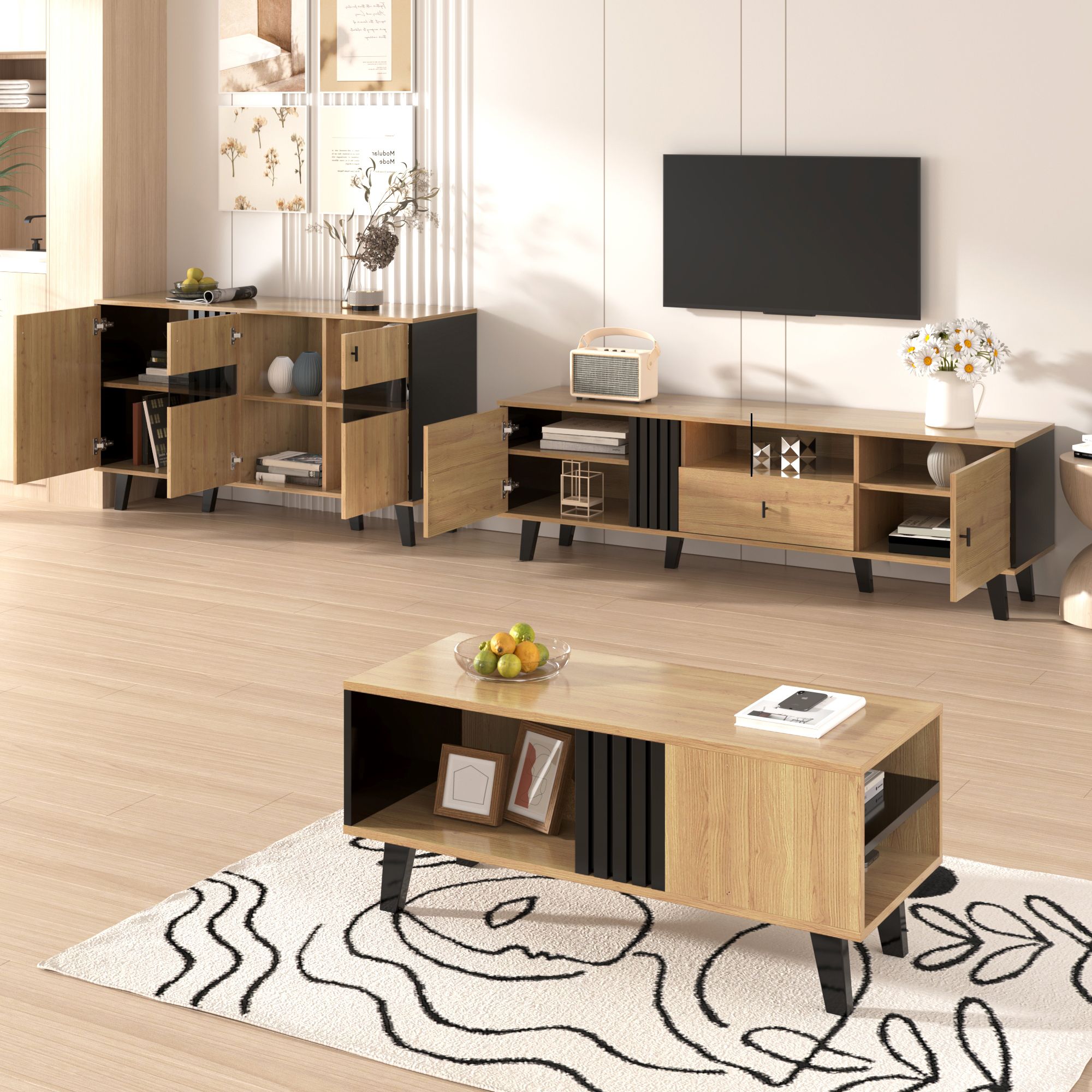 Merax Kommode Highboard mit 8 Fächer inkl. LED, Vitrine mit Glastür, Sideboard Landhausstil Hochkommode Wohnzimmerschränke, 80x120x40cm