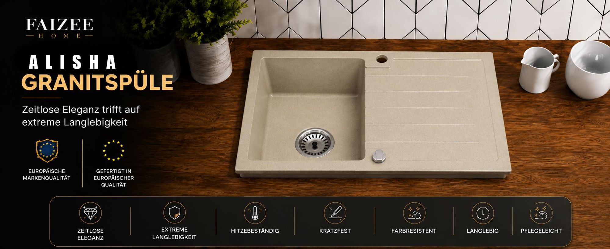 [Granitspüle 76x44 Beige]Hochwertig beidseitig Montierbar Küchenspüle Eckig Einbaugranitspüle Granit Spülbecken f. Unterschränke ab 45 cm inkl.Sipho