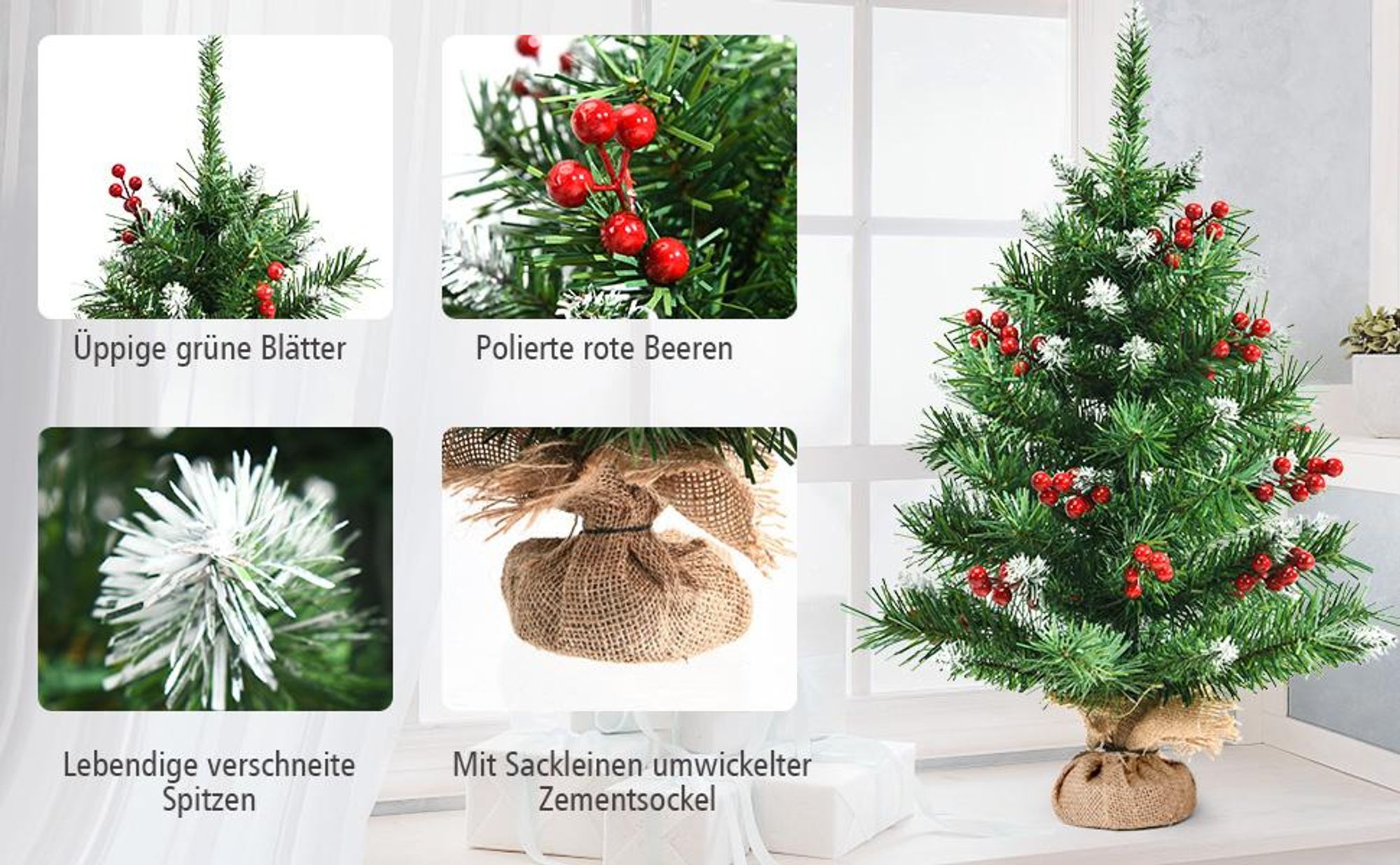 COSTWAY 60cm Kleiner Weihnachtsbaum, Mini Weihnachtsbaum mit 76/108 Zweigen, roten Beeren und Sockel, künstlicher Tisch Weihnachtsbaum für Haus Büro
