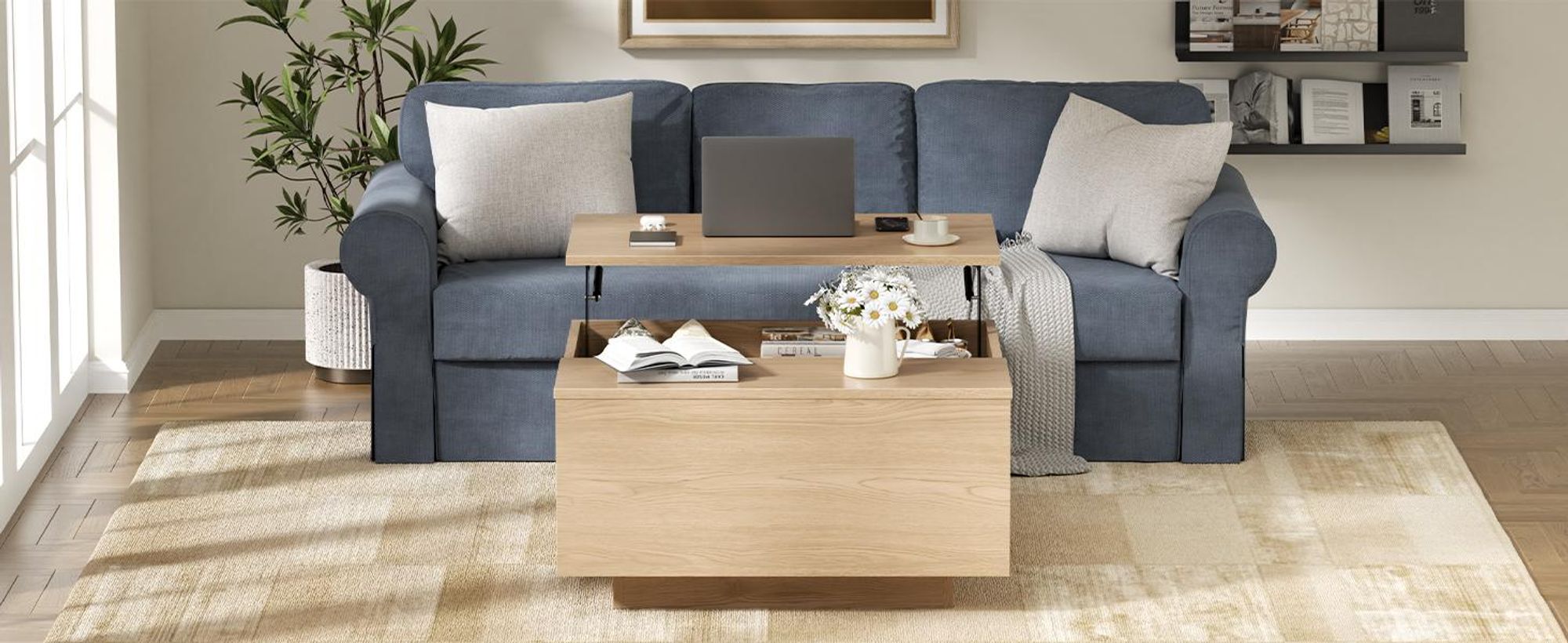 FABATO Couchtisch eckig, höhenverstellbar mit verstecktem Staufach, Landhaus-Design in Natur