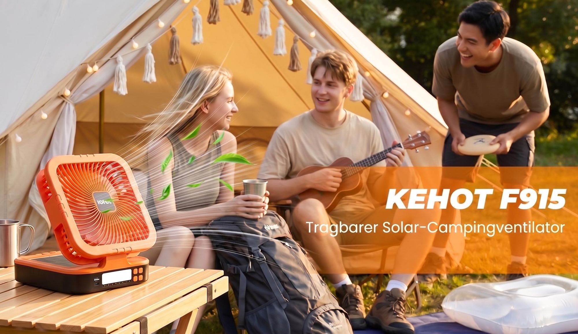 Kehot Solar Campingventilator mit LED Licht, USB-C & Solarladung, 4000mAh Akku, 90° Oszillation, 4 Windstufen, Powerbank, Faltbarer Outdoor Ventilator