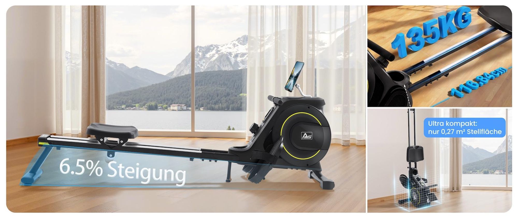 AsVIVA RA11 Rudergerät Heimtrainer, Generatorbetrieb ohne Stromanschluss, Bluetooth-App & Pulsmessung, 6,5 % Schienenneigung, platzsparend, bis 135 kg