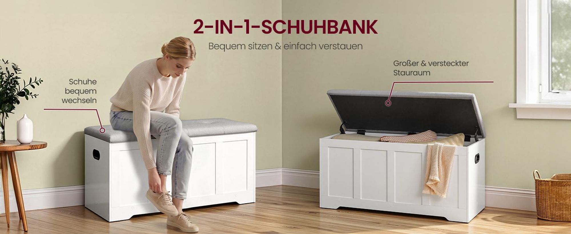 VASAGLE Truhe mit Stauraum, Truhenbank mit Deckel, für Schlafzimmer, Flur, Wohnzimmer, 41 x 101 x 49 cm, weiß-grau