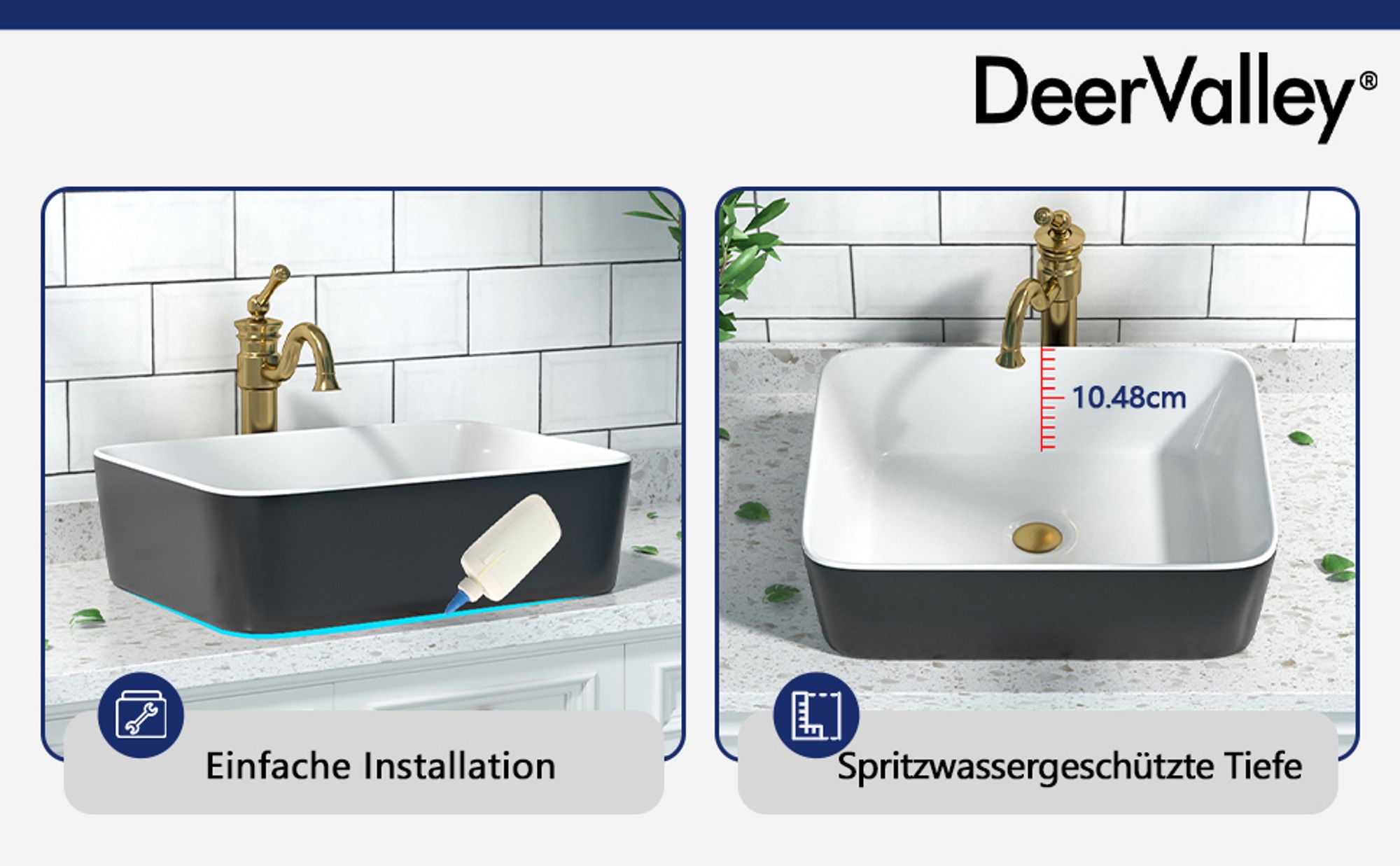 DeerValley DV-1V0001 Badezimmer-Waschbecken 48cm x 37cm Aufsatz-Waschbecken Rechteckiges Keramik-Waschbecken Schwarz und Weiß