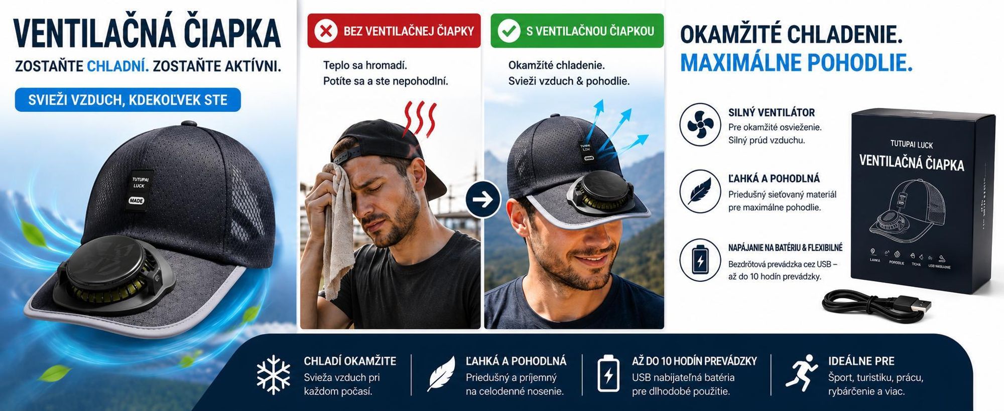 Pánska bejzbalová čiapka so solárnym ventilátorom, pánska čiapka s ventilátorom, čiapka s USB ventilátorom – SOLCAP