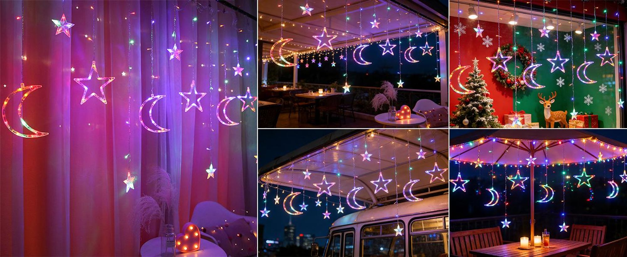 LED Stern Mond Lichtervorhang 3,5m Bunt Lichterkette 8 Beleuchtungsmodi Weihnachten Party Garten Deko