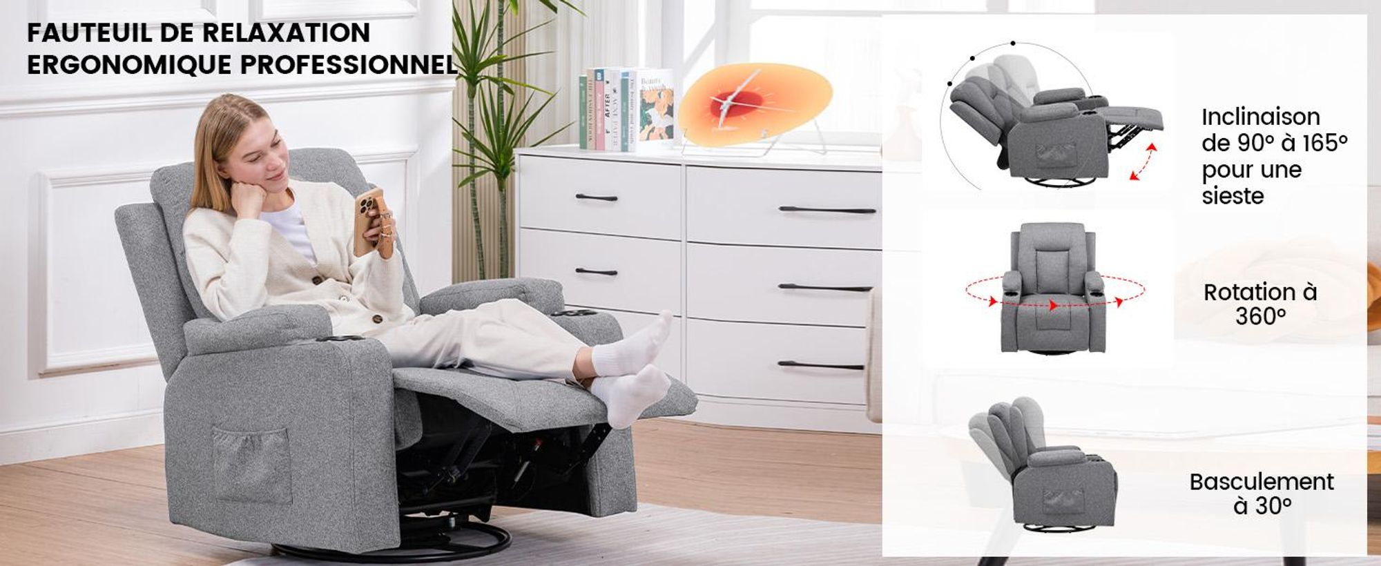 COMHOMA Fauteuil de relaxation Fauteuil TV en tissu avec fonction chaise longue Fauteuil TV réglable, Recliner Chair, gris foncé-tissu