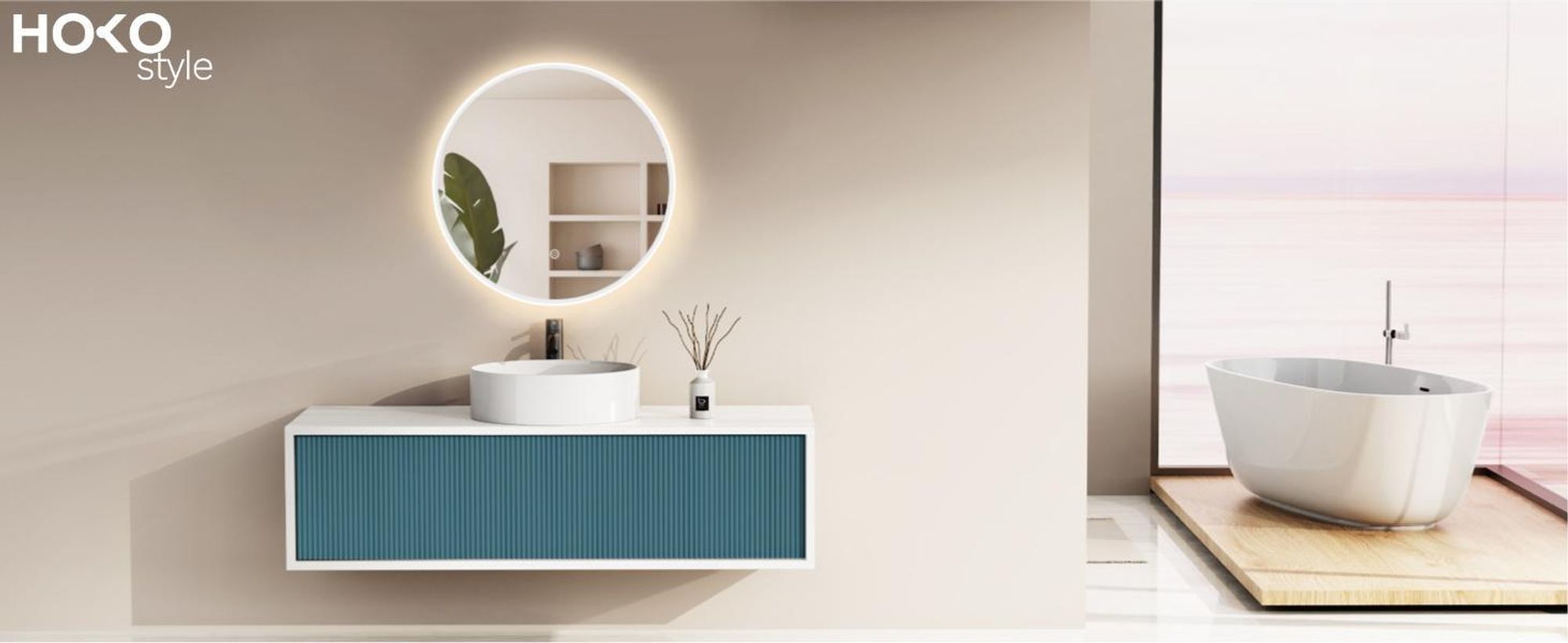 HOKO Design Badspiegel rund 80 cm Wien mit Metall Rahmen Weiß. Energiesparend LED beleuchtet + Touch Schalter + LED Licht Wechsel.
