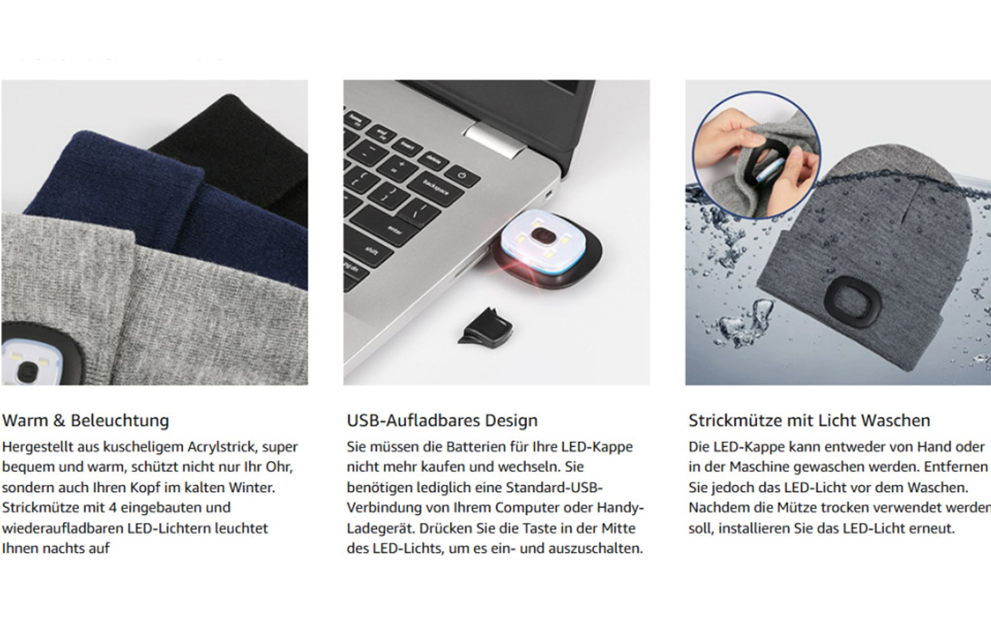 LED Mütze mit Licht, Beleuchtete Mütze Aufladbar USB für Männer und Frauen,Einstellbare Helligkeit Stirnlampe Winter Beanie Mütze mit Licht,Uni Winter