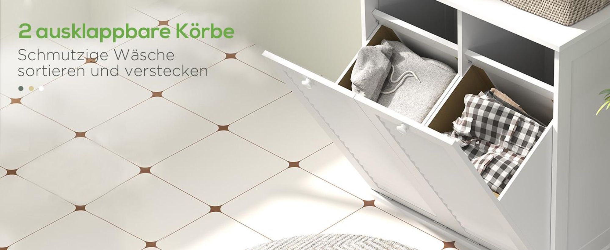 HOMCOM Wäscheschrank, Badschrank mit 2 Wäschekörben, Griffen, Lamellentüren Weiß