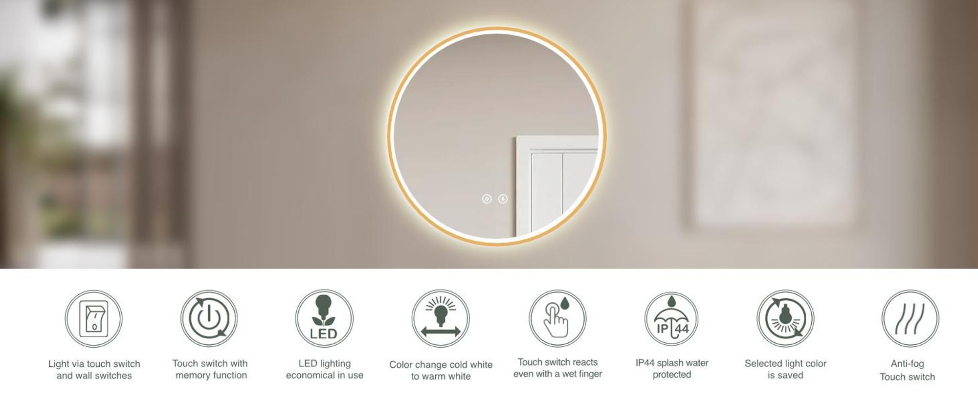 HOKOBadroom Specchio antiappannamento rotondo 60 cm con cornice+interruttore a sfioramento+cambio di luce Bianco caldo-bianco freddo-neutro La luce può essere accesa con l'interruttore a sfioramento e l'interruttore a parete