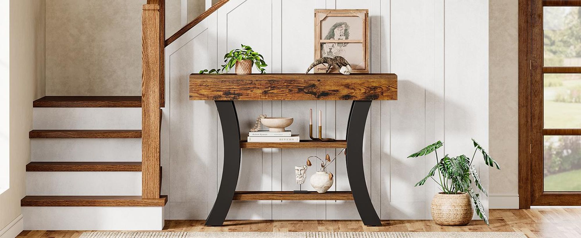 Tribesigns 105 cm Konsolentisch, Industriestil, 3-stufiger Sofatisch mit Ablageflächen und gebogenem Rahmen für Wohnzimmer, Eingangsbereich, rustikal