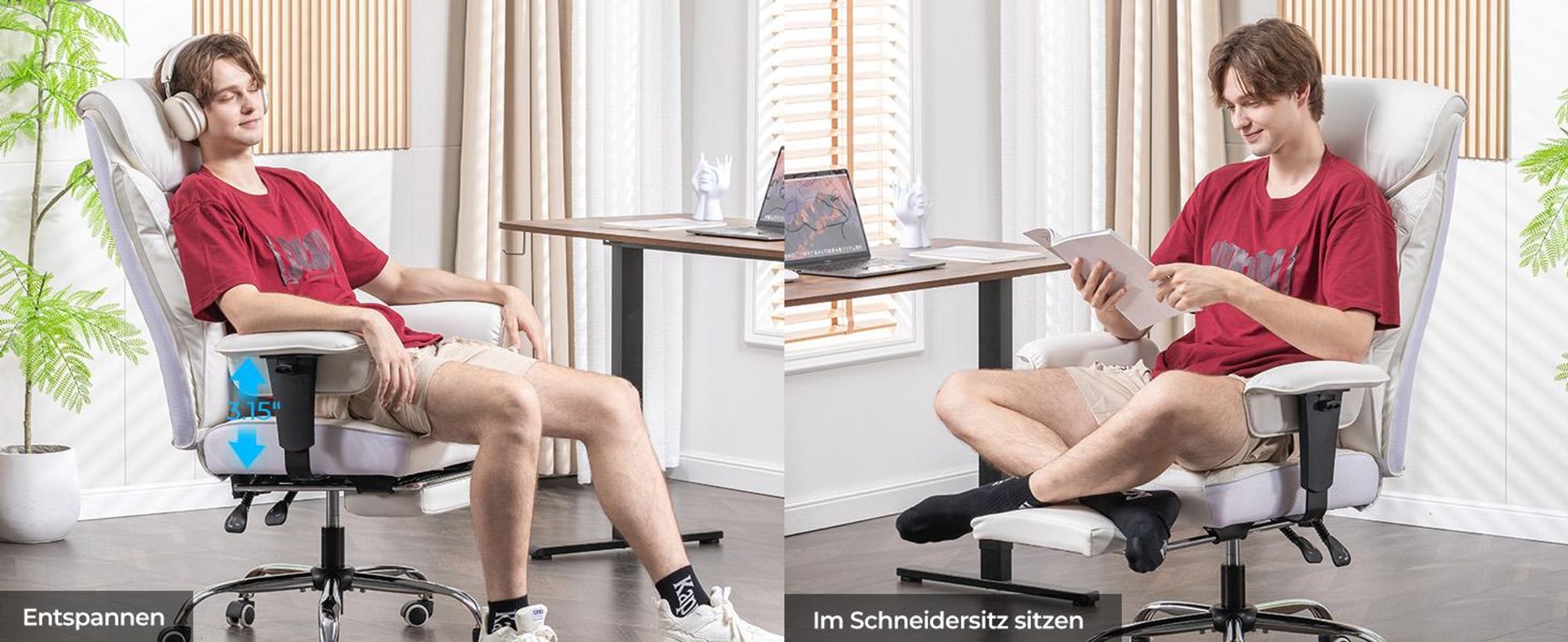 COMHOMA Gaming Stuhl für Große und Schwere Personen, ergonomischer Bürostuhl bis 180 kg, 3D Sitzkissen, verstellbar mit Fußstütze, Kunstleder, Weiß