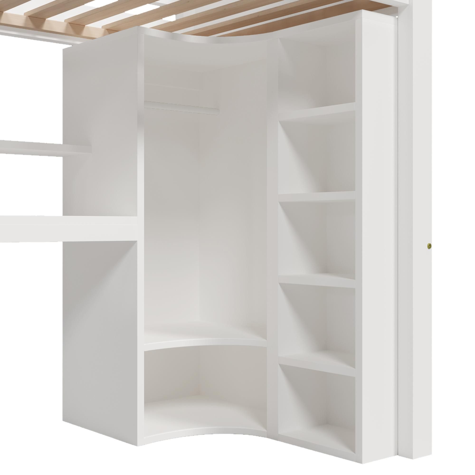 Merax Etagenbett Hochbett 90×200 cm, LED-Beleuchtung, Kleiderschrank, Schreibtisch, Schubladen, Staufächer, Kinderbett, Stockbett, Jugendbett, Weiß