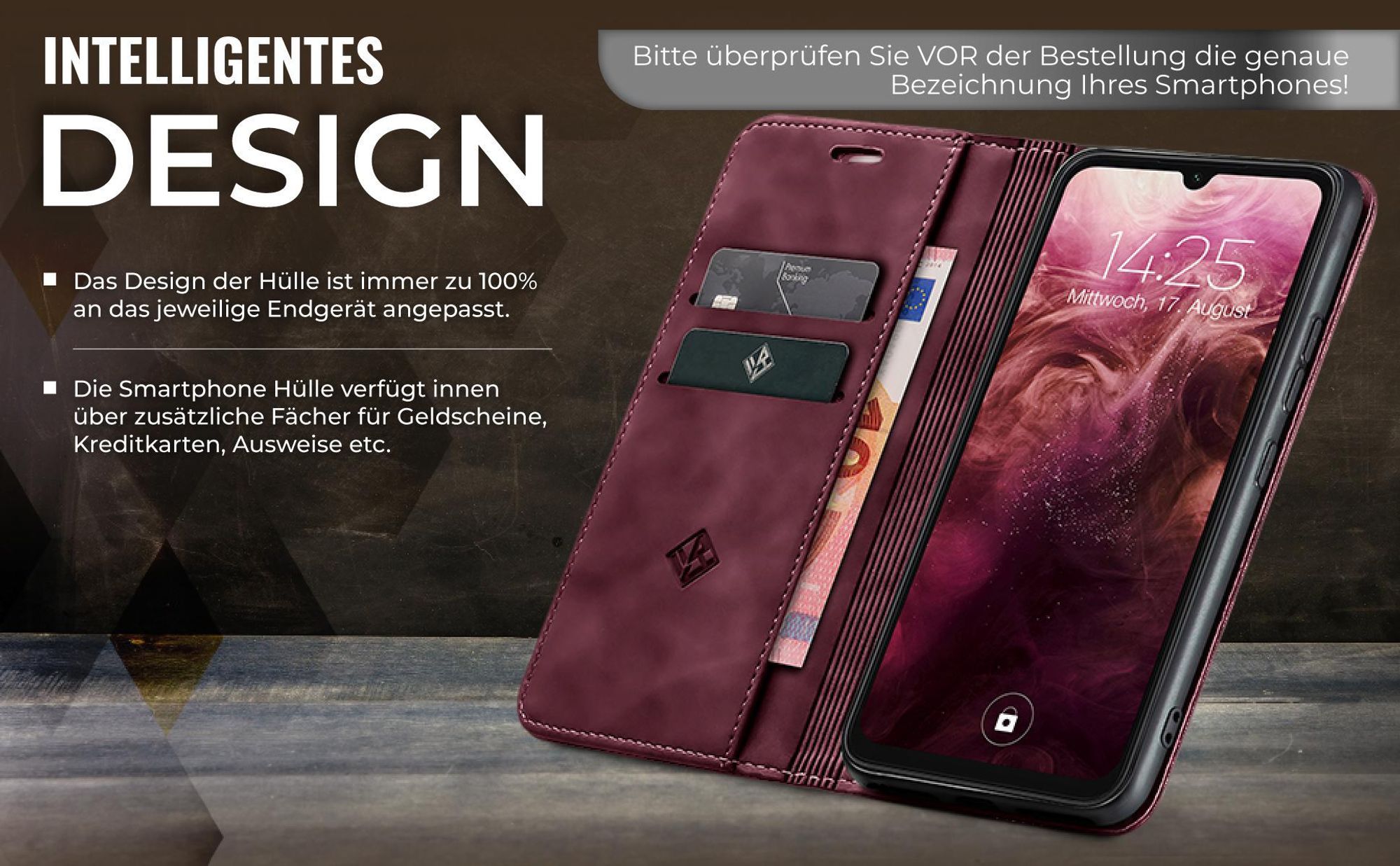 Edle Schutzhülle in Weinrot für Samsung Galaxy A27 5G mit Kartenfächern und Geldfach