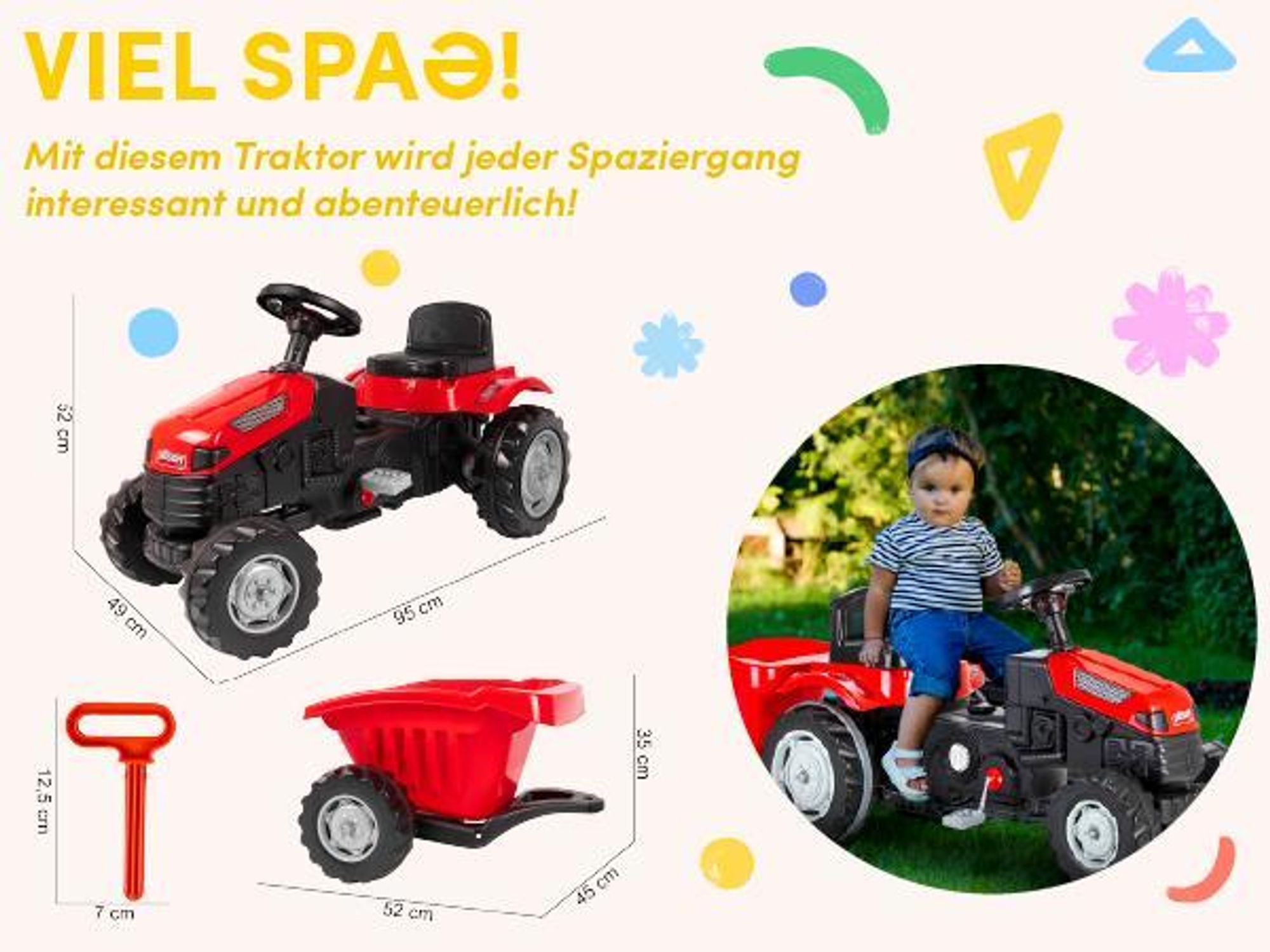 Pilsan Großer Traktor mit Anhänger XXL Tretfahrzeug verstellbarer Sitz belastbar Lenkrad mit Hupe bis 50 kg Kinder ab 3 Jahren Rot