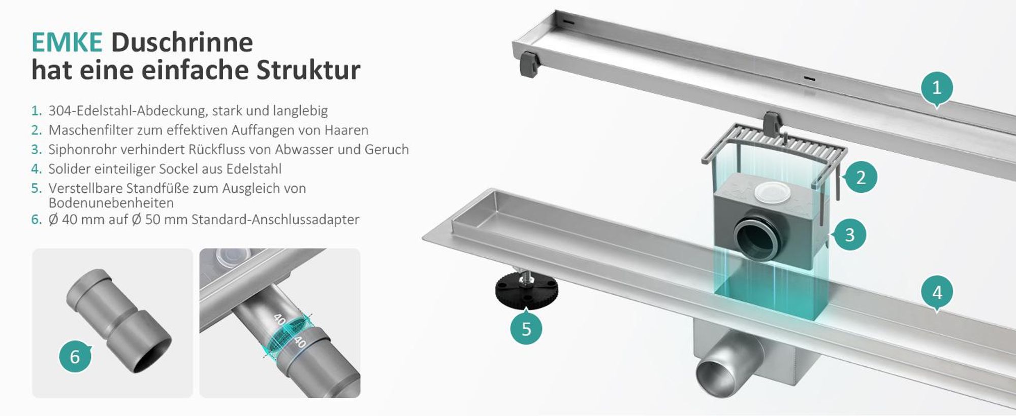 EMKE Duschrinne 50cm Edelstahl Bodenablauf Siphon mit Geruchsstop Randablauf Haarsieb Sehr Flach Ablaufrinne Komplettset