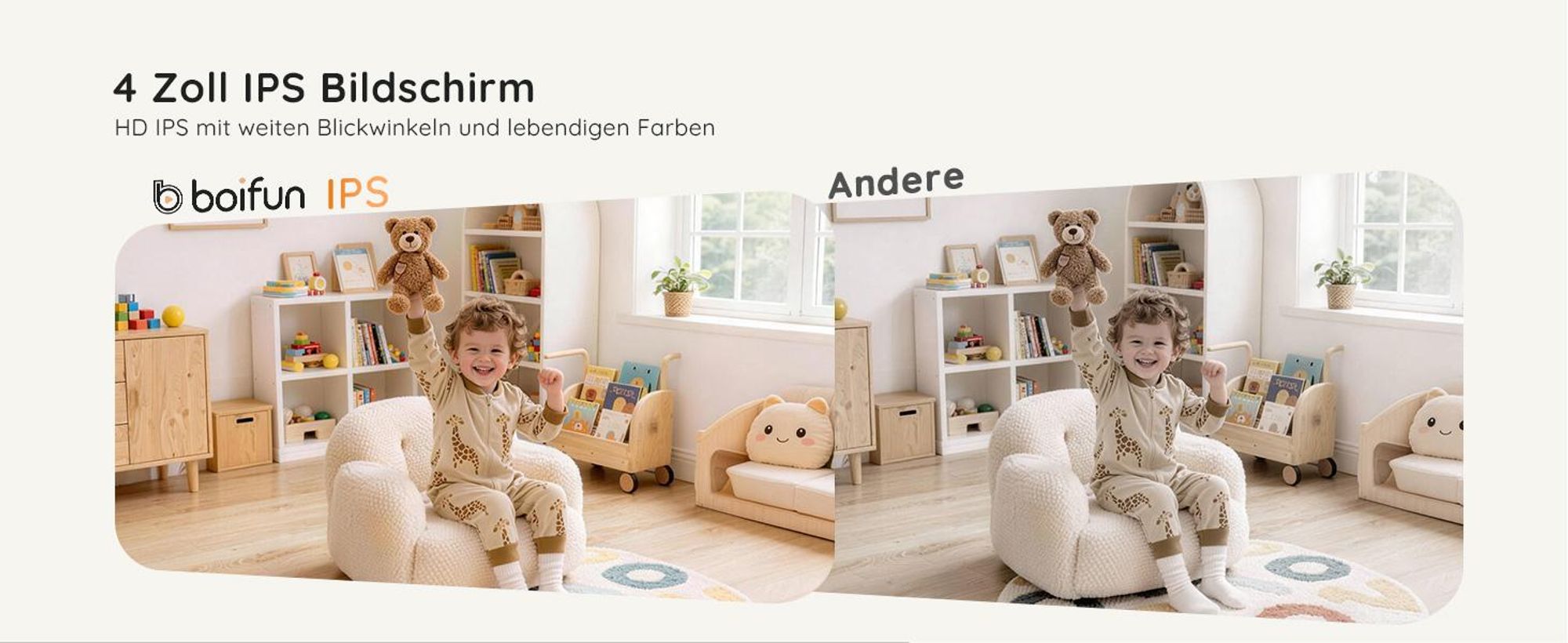BOIFUN Babyphone mit 2 Kameras Ohne WLAN 4 Zoll 720P Monitor Nachtsicht Schallerkennung Einfach zu bedienen 2 Wege Audio 3X Zoom mit Halterung