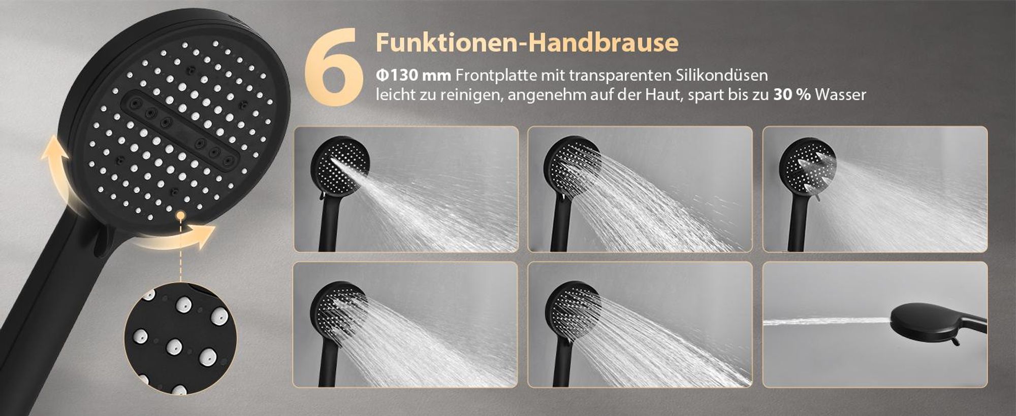 Homelody Duschsystem Thermostat Duschset Schwarz 12" Regendusche 6 Funktionen Handbrause SUS304 Edelstahl Kopfbrause, 38°C Verbrühschutz