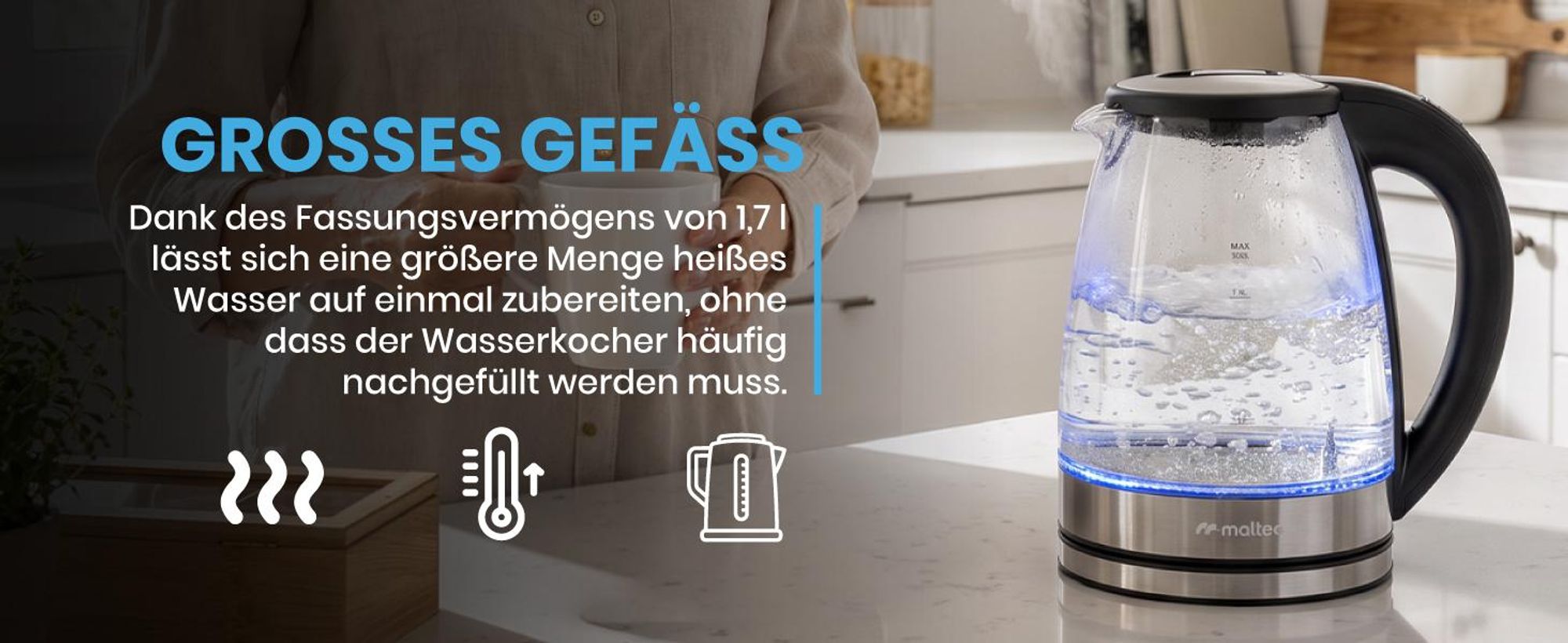 Elektrischer Glaswasserkocher mit einem Fassungsvermögen von 1800 ml Leistung 2200 Watt