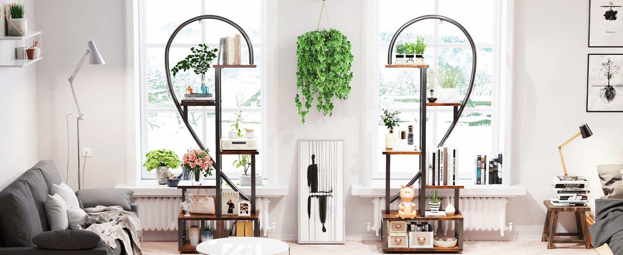 WISFOR Blumenständer, 2 Stück Pflanzenregal mit 6 Ebenen/4 Haken, 136.5cm Hoch Pflanzenständer Blumenregal für Indoor Balkon Blumentreppe Wohnzimmer